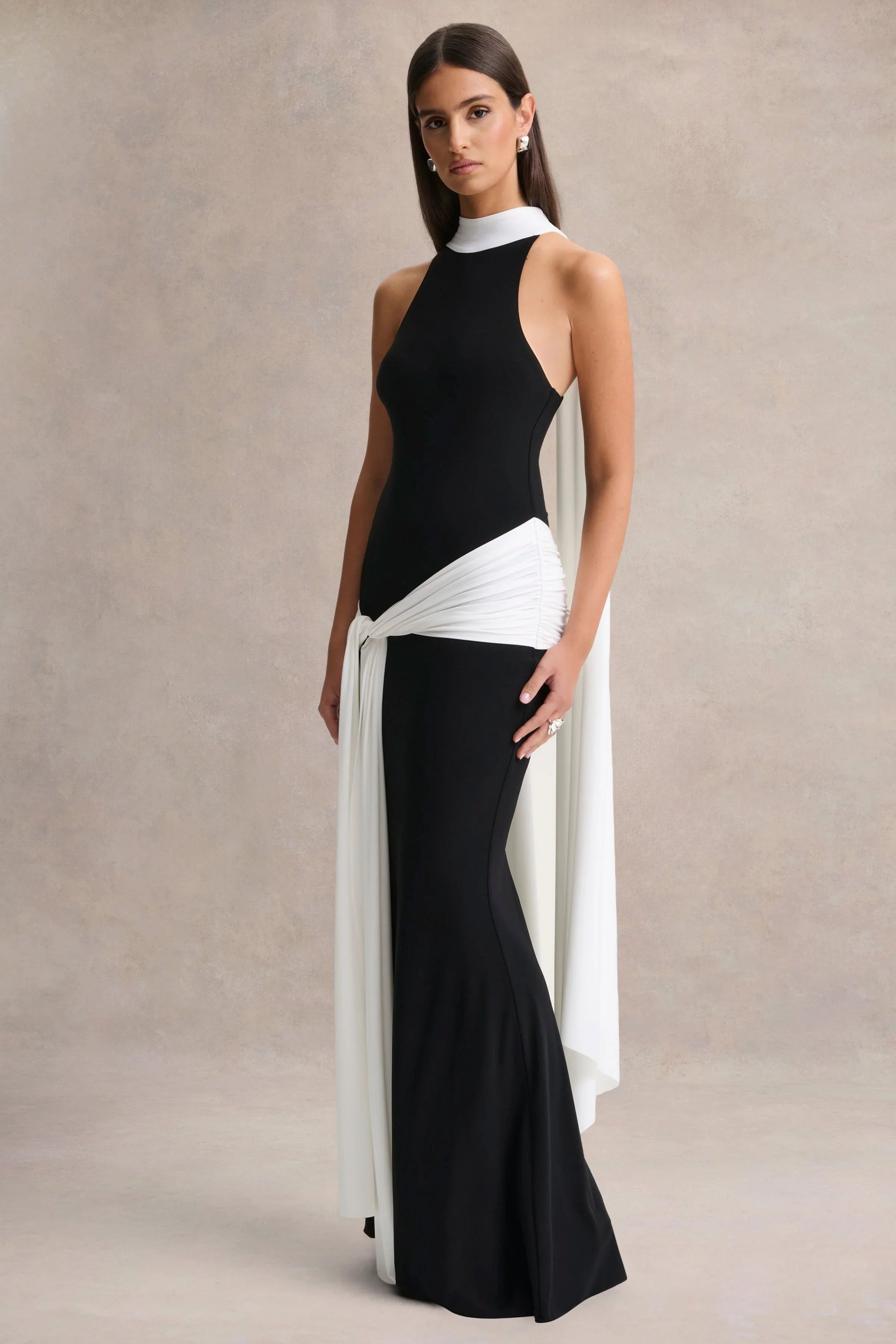 Dorinda Black And White High Neck Maxi Dress With Drape And Scarf Detail