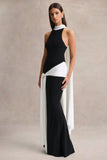 Dorinda Black And White High Neck Maxi Dress With Drape And Scarf Detail