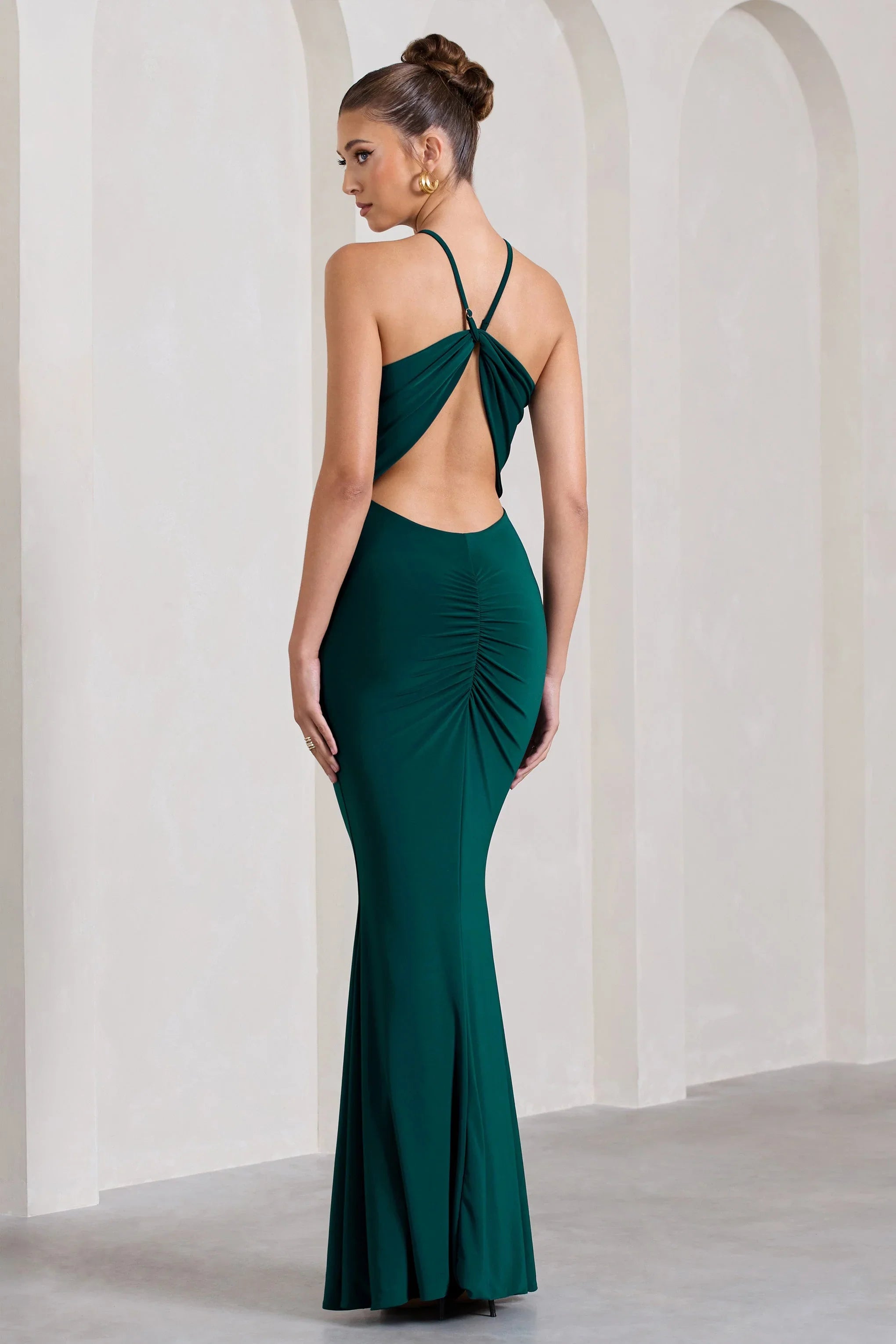 Brianna Bottle Green Sleeveless Halter Neck Open Back Maxi Dress