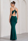 Brianna Bottle Green Sleeveless Halter Neck Open Back Maxi Dress
