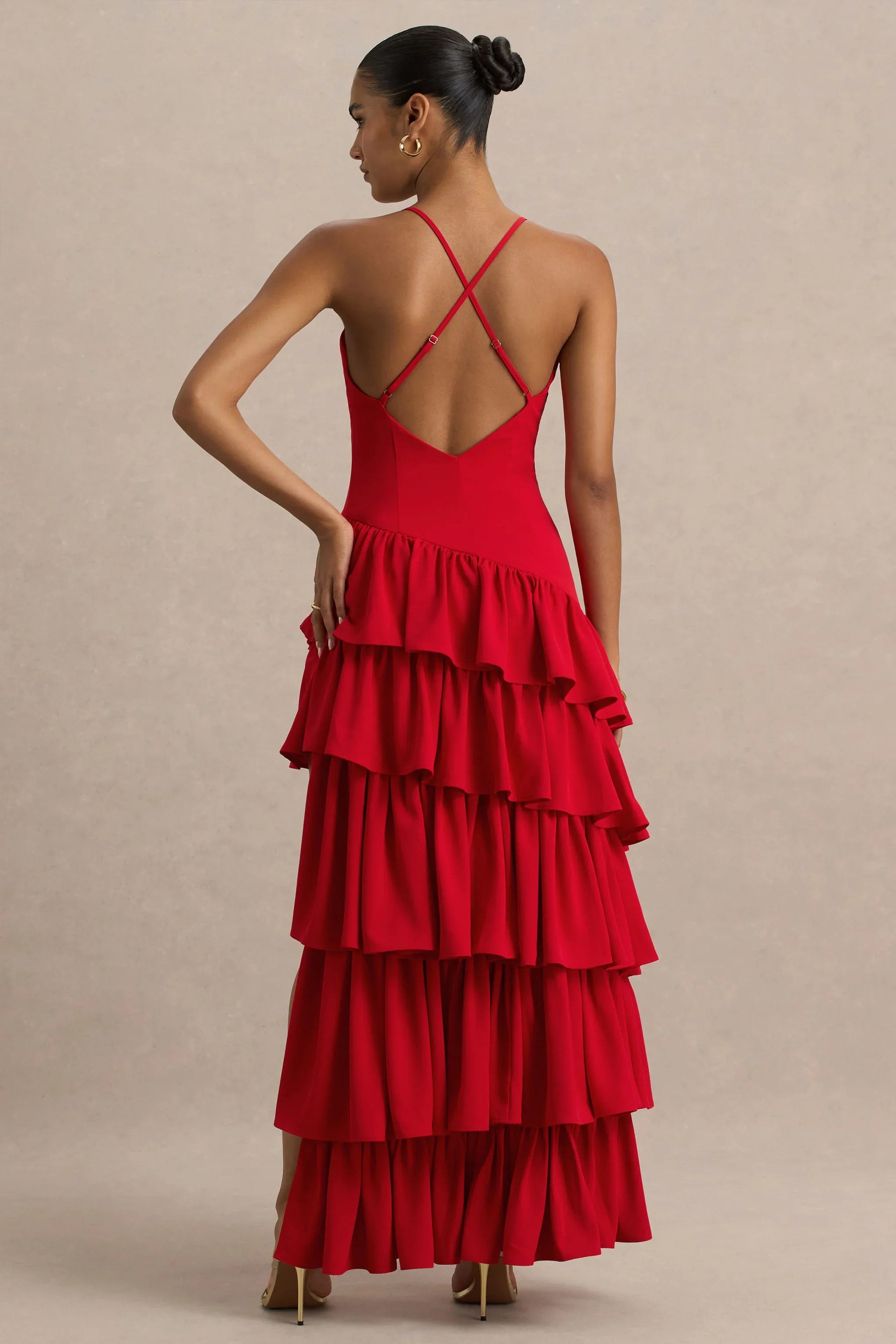 Bogota Red Plunge Neck Maxi Dress With Ruffling Details And Front High Split