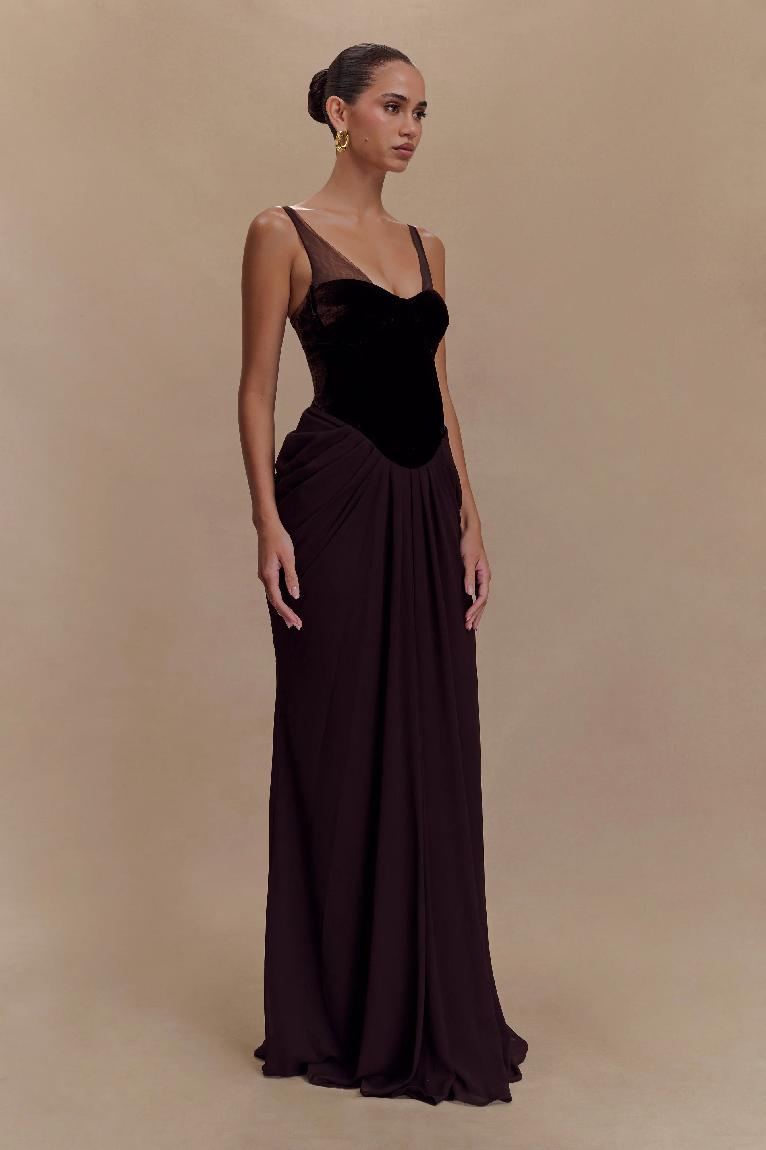 Roxanne Velvet Corset Maxi Dress Cacao Brown