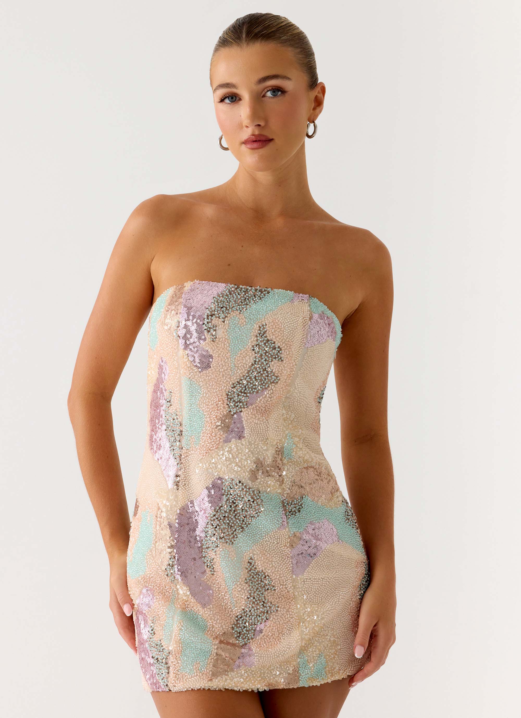 Leena Strapless Beaded Mini Dress Swirl Sequin