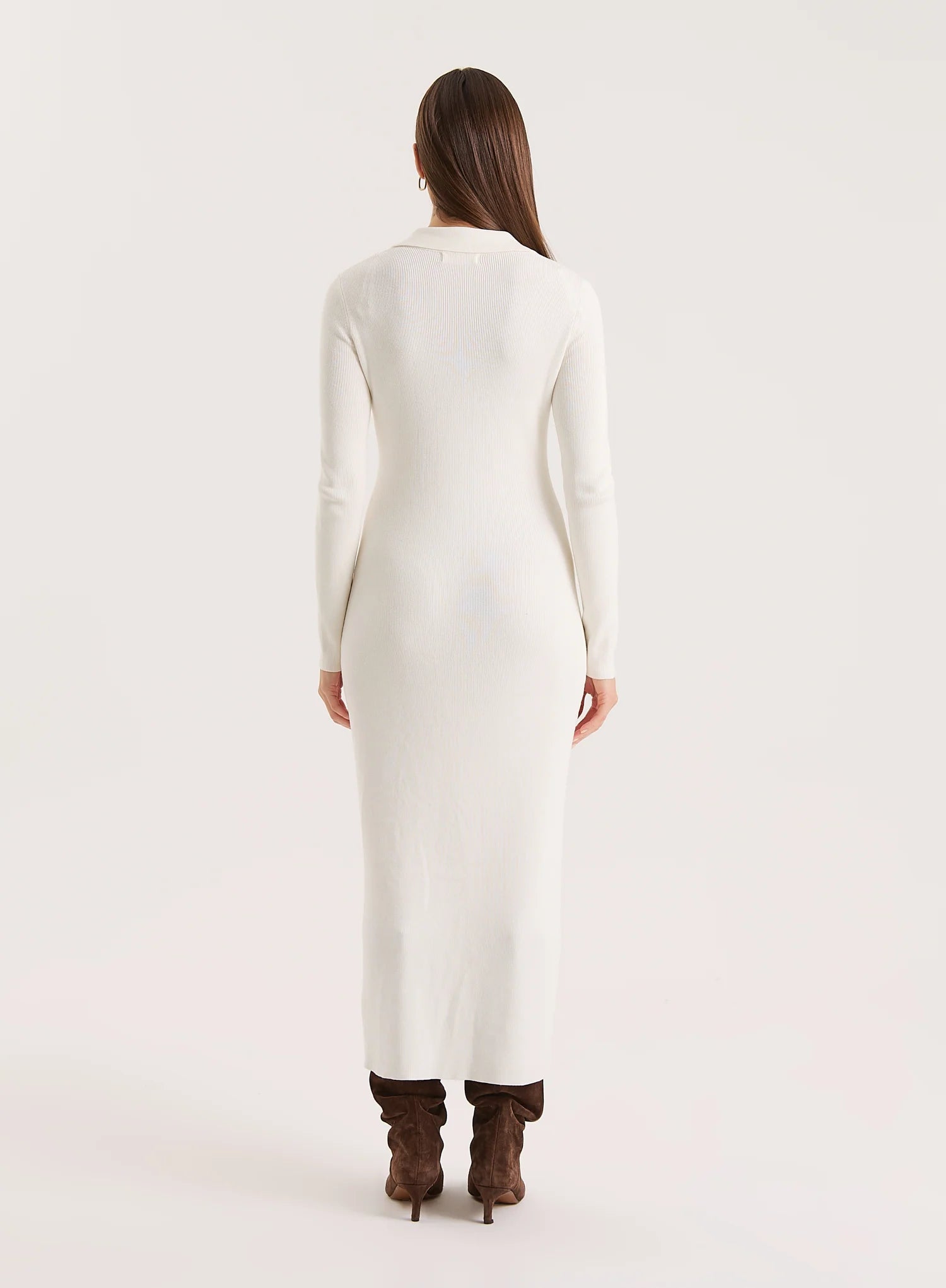Off White Collared Button Down Knitted Dress