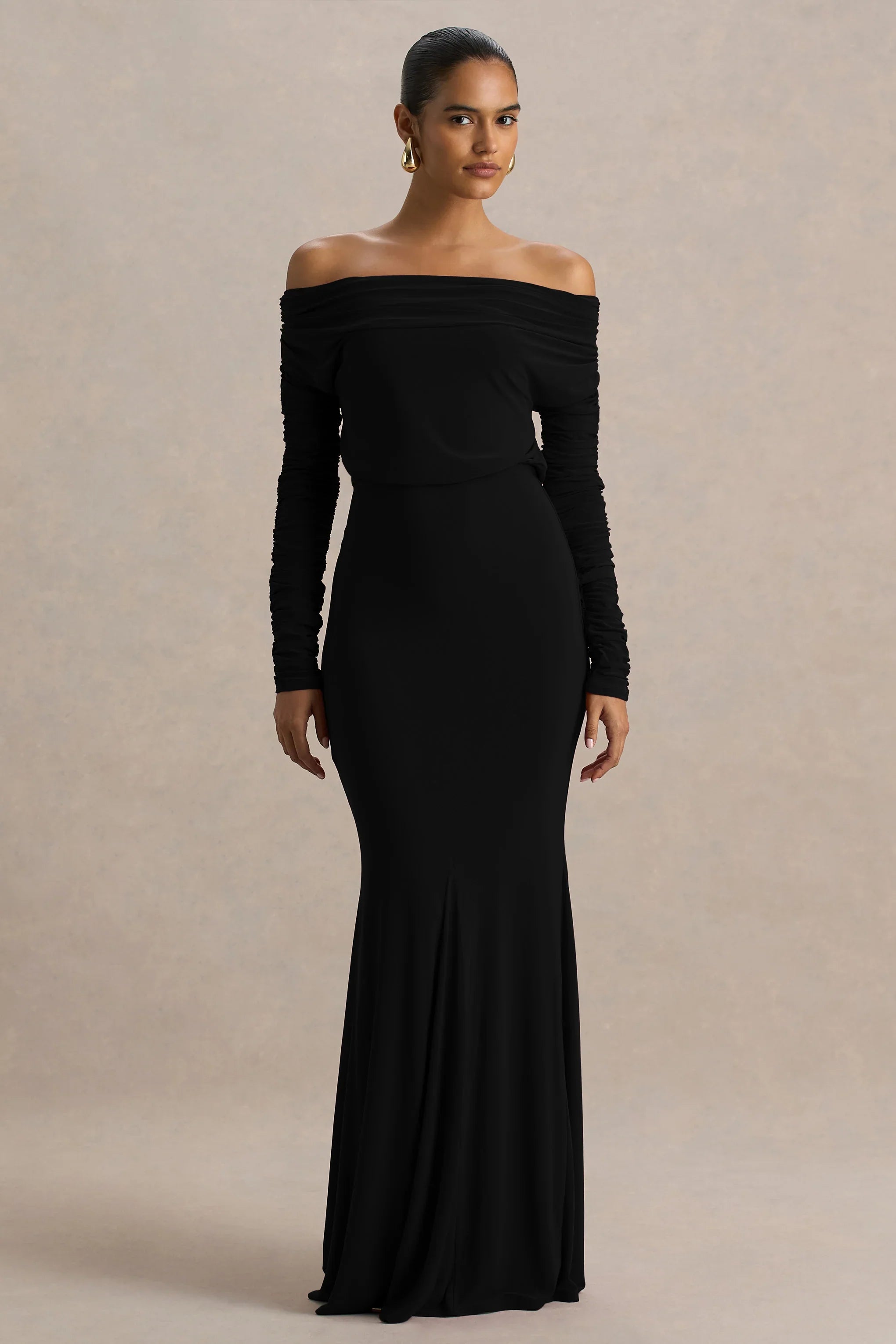 Cilla Black Bardot Neck Maxi Dress With Ruched Detailing