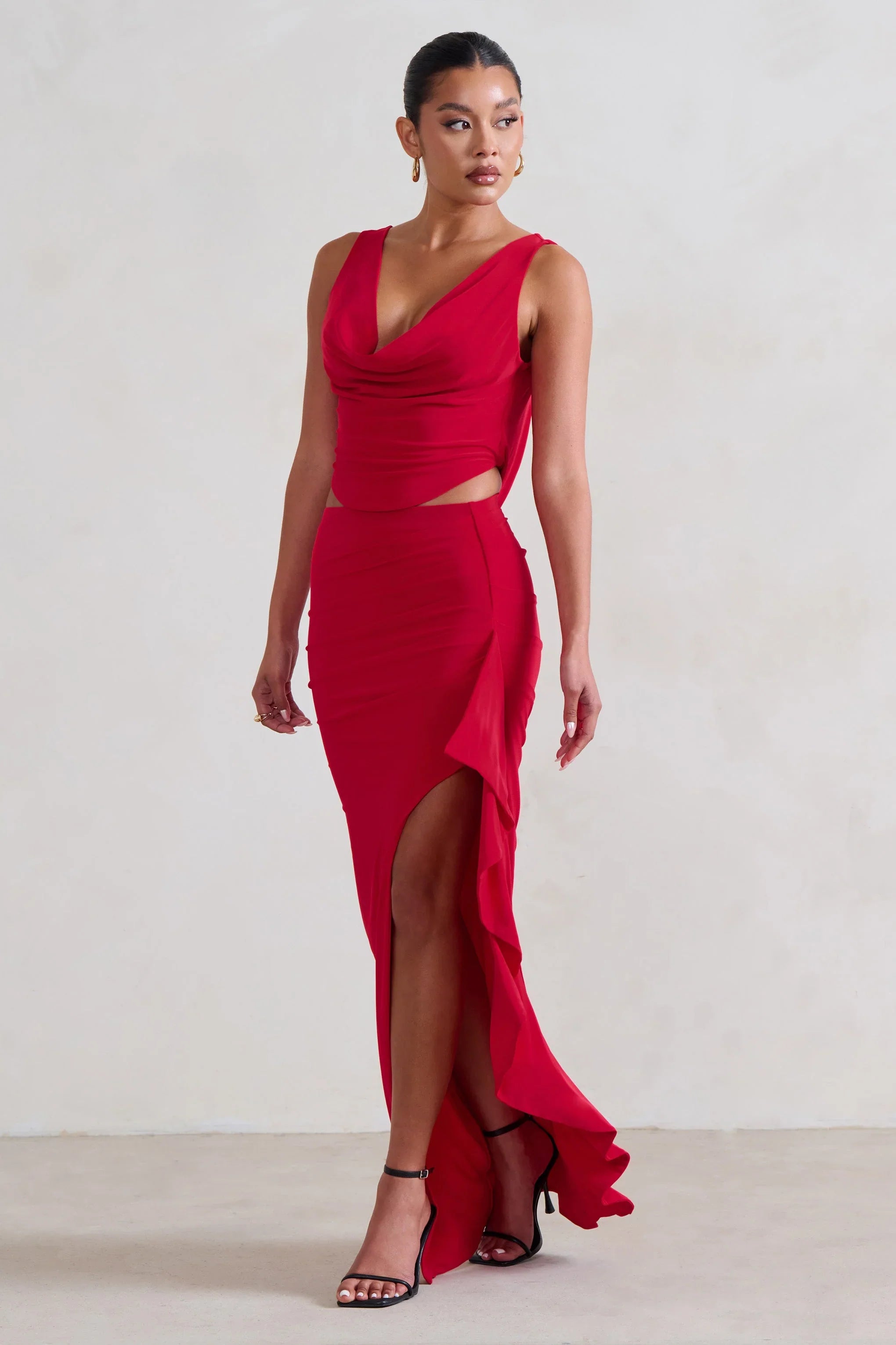 La Belle Red Ruffle Maxi Skirt With Thigh Split