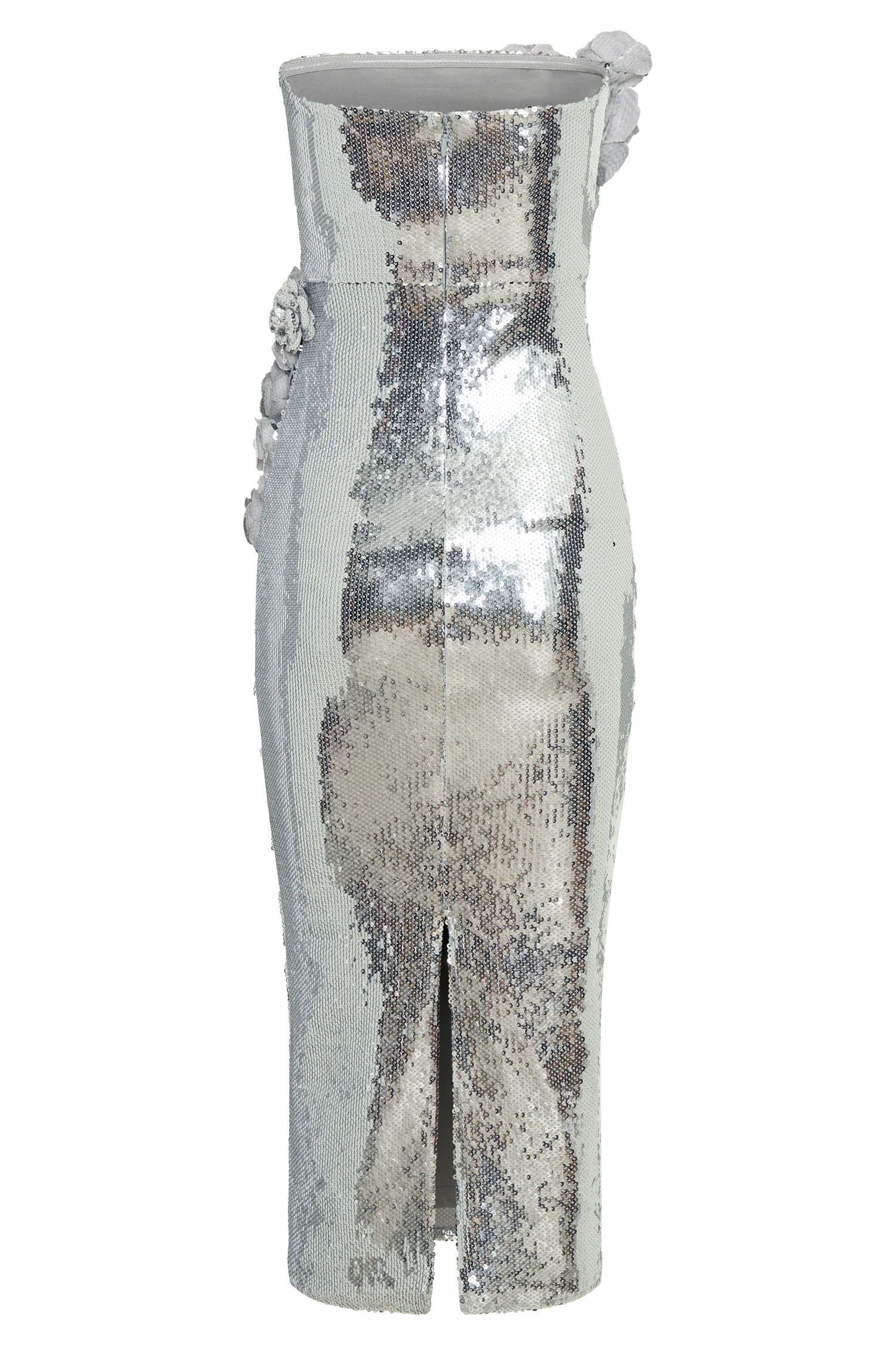 Cassia Strapless Sequin Rose Midi Dress Silver