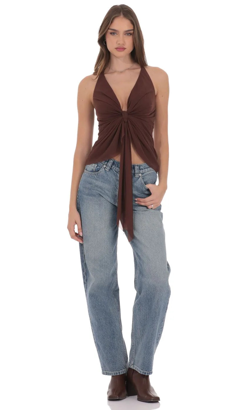 Mesh Plunge Two Piece Tie Top in Brown