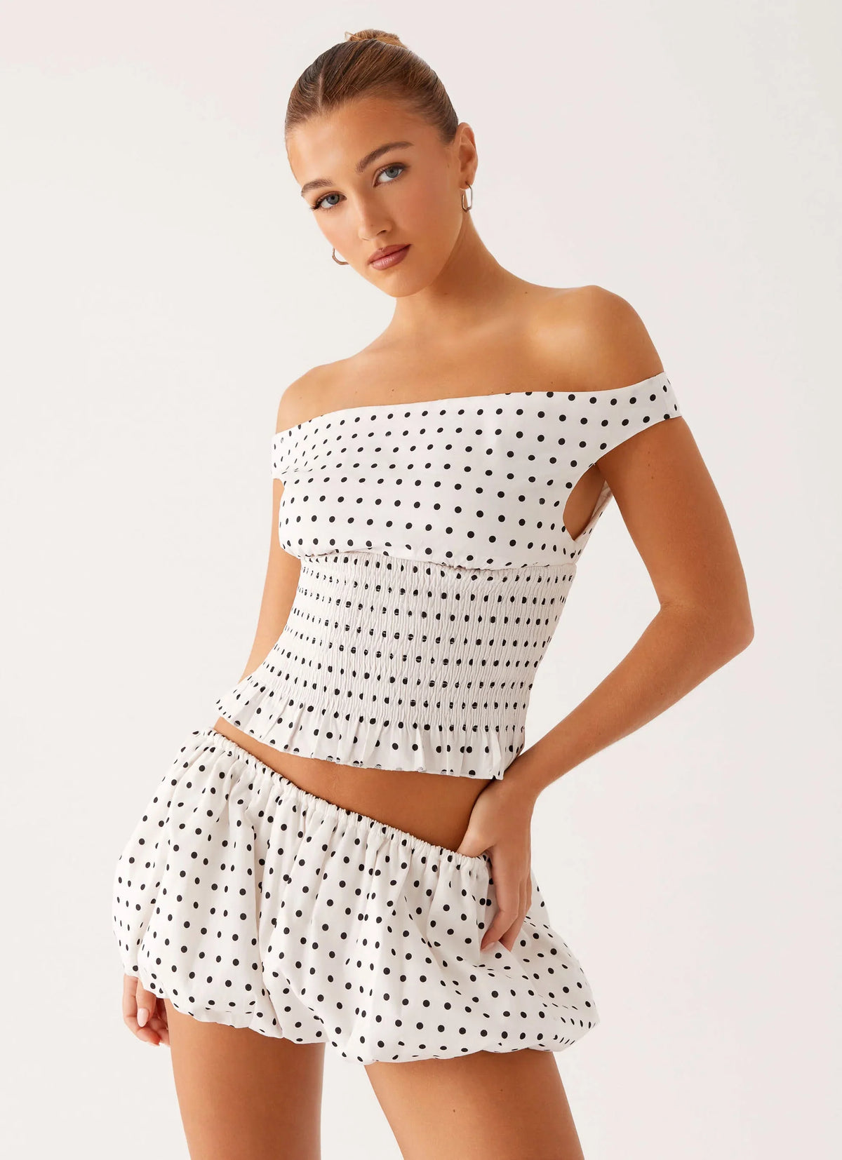 Heather Off Shoulder Top White Black Polka Dot