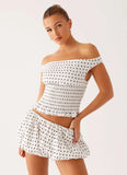 Heather Off Shoulder Top White Black Polka Dot