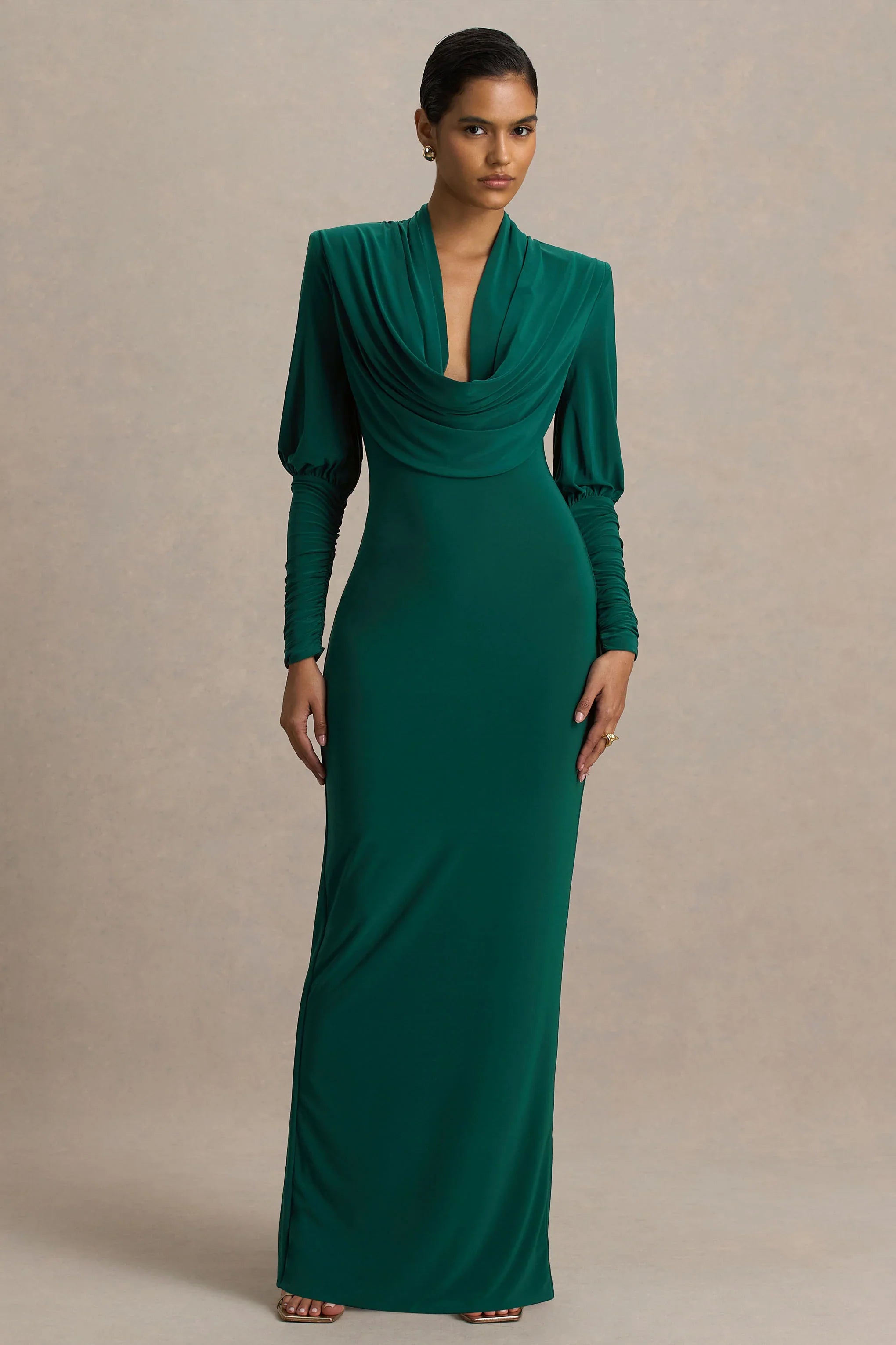 Kaylee Bottle Green Cowl Neck Maxi Dress With Draping Details