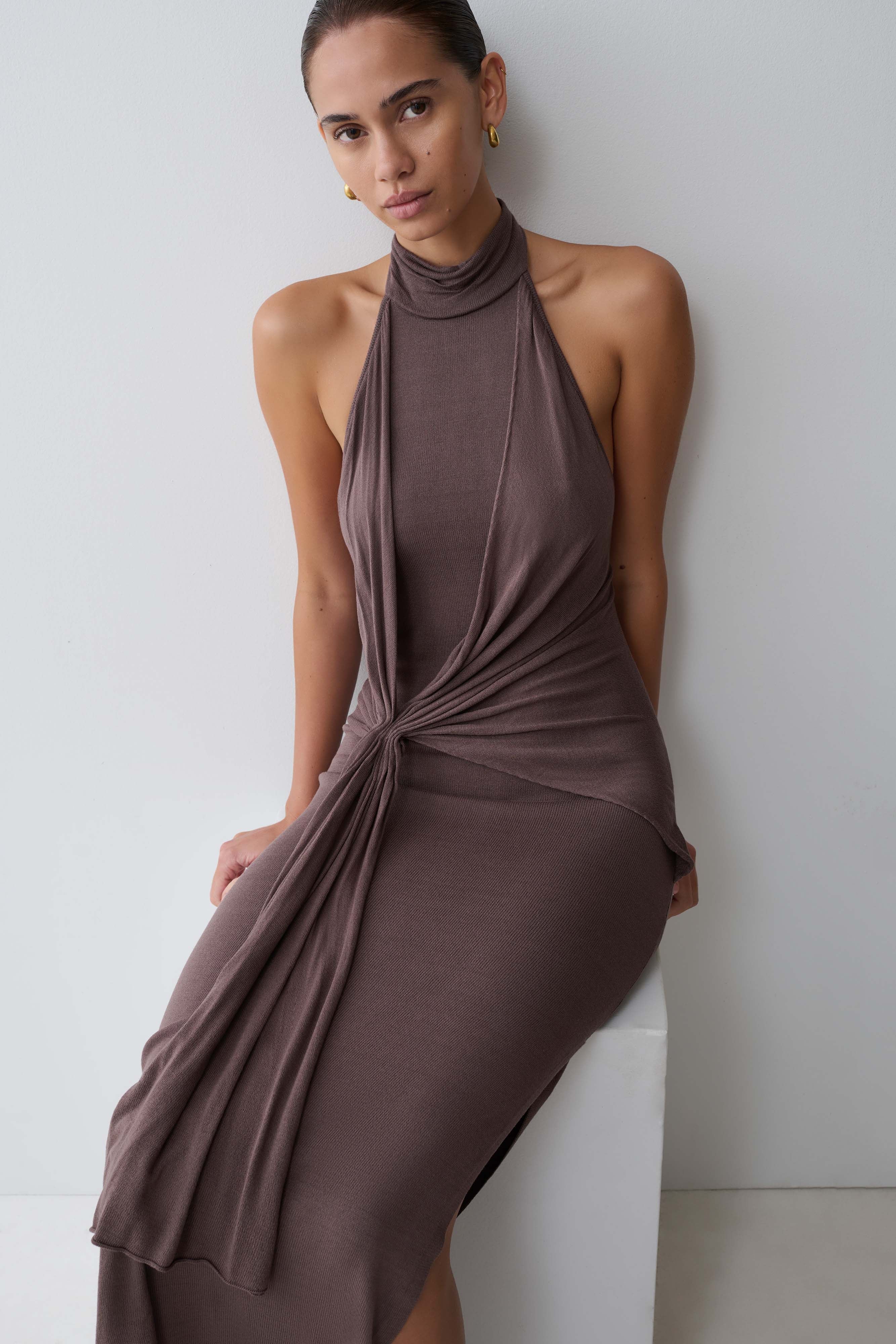 Cindylou Halter Knit Maxi Dress Peppercorn