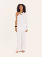 Cream Crinkle Tie Waist Straight Leg Trousers