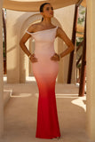 Exotic Red Ombre Twisted Asymmetric Maxi Dress