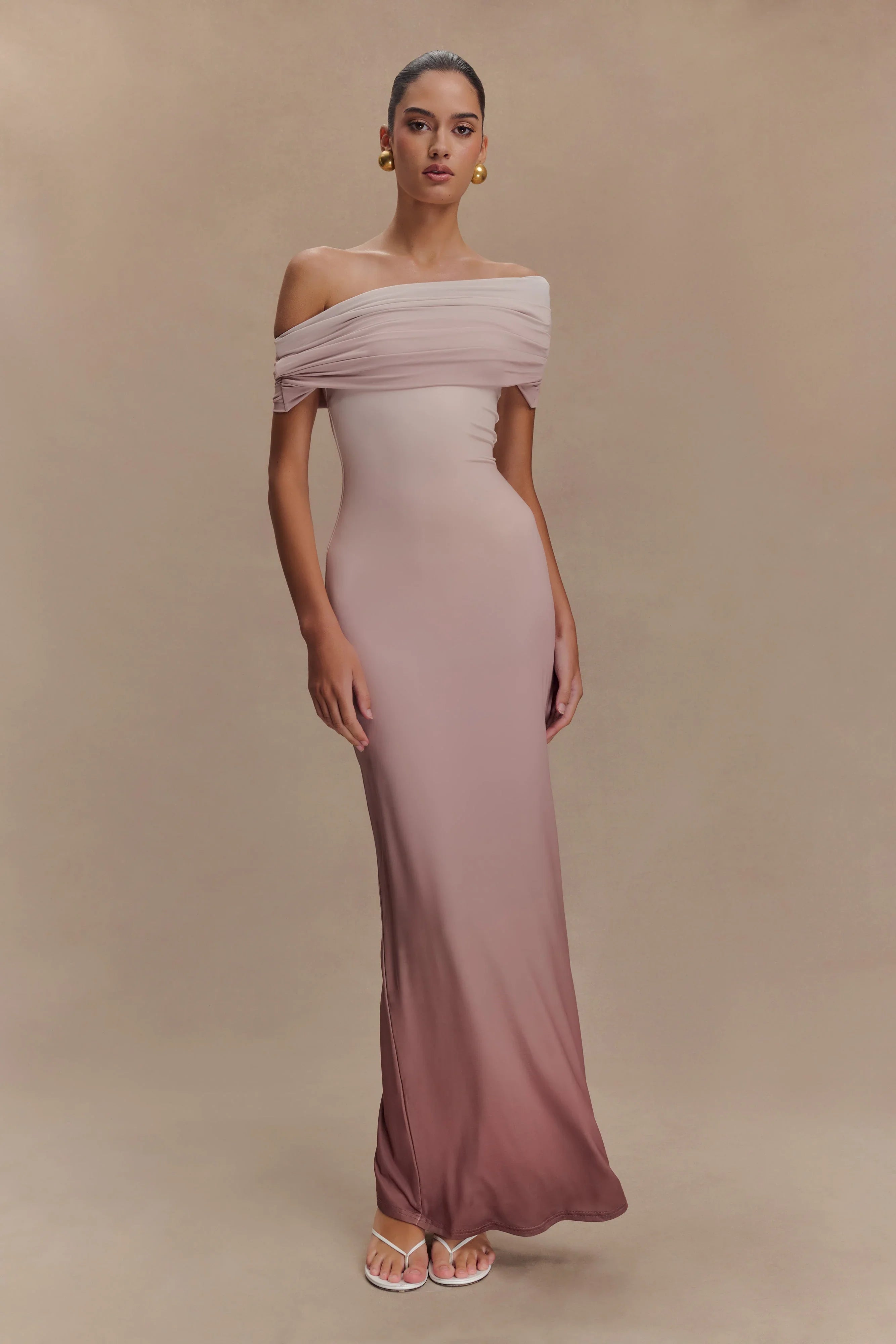 Cassandra Off Shoulder Slinky Maxi Dress Neutral Ombre