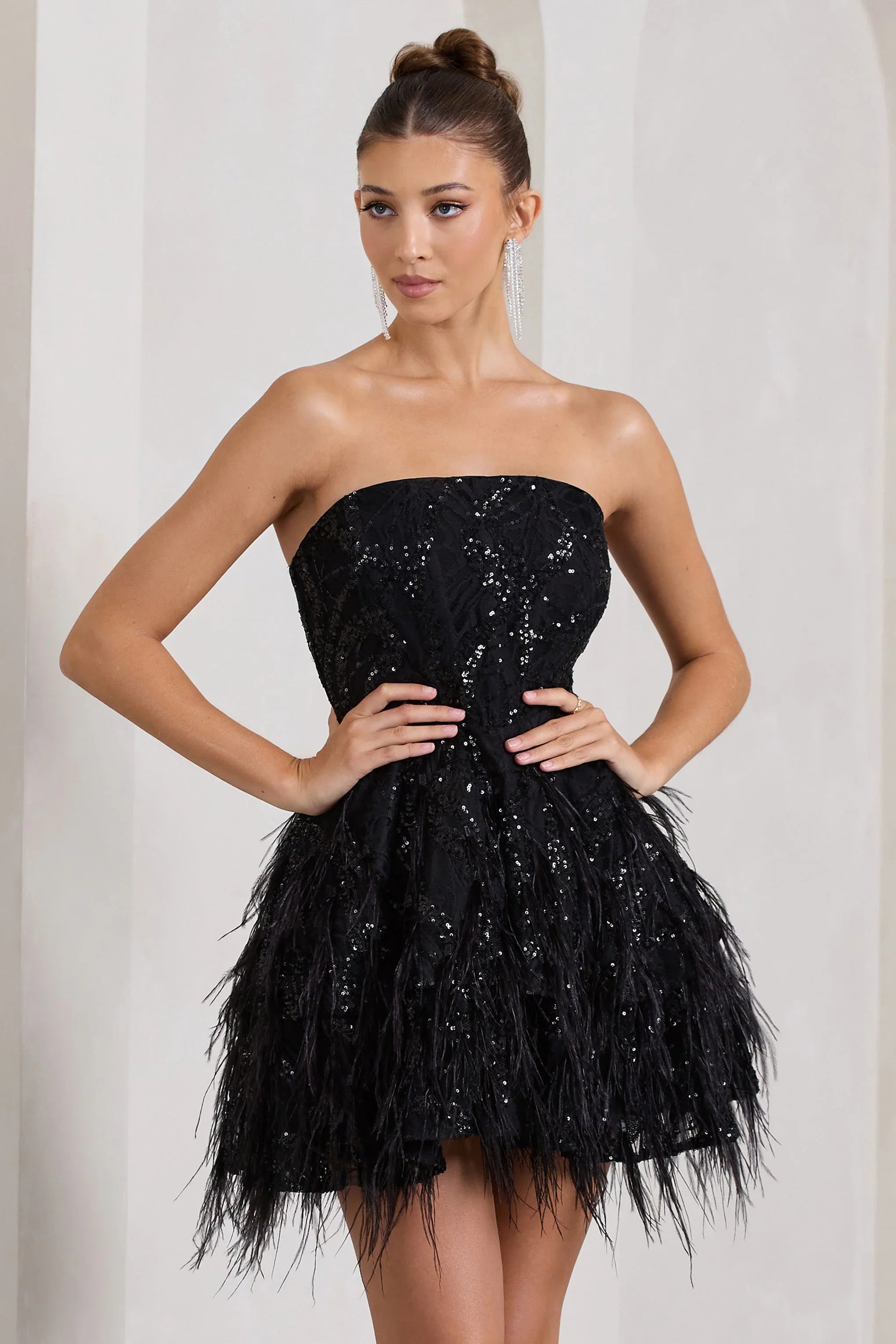 Little Wish Black Sequin Lace Strapless Mini Dress With Feathers