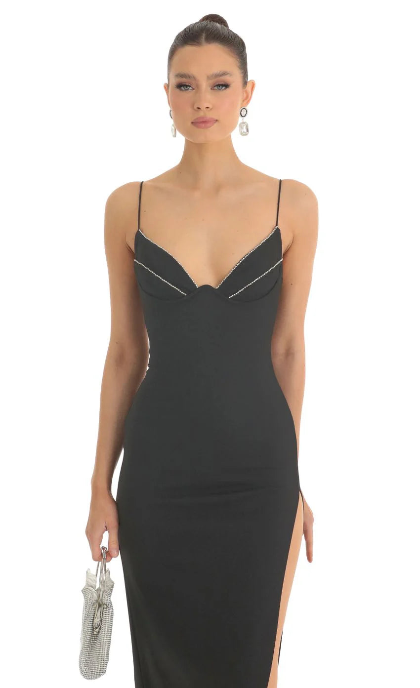 Crepe Rhinestone Corset Maxi Dress in Black