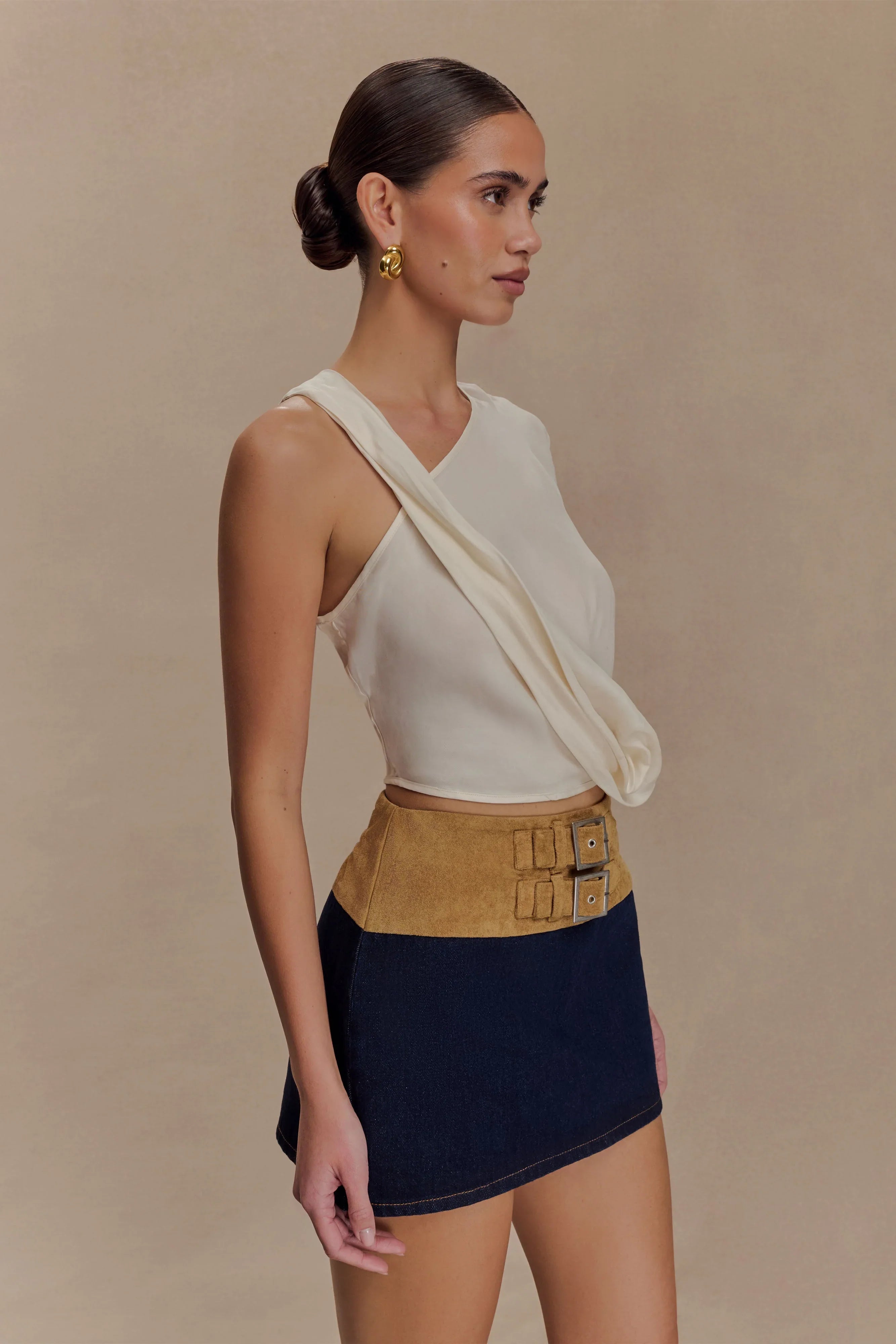 Miranda Faux Suede Belted Denim Mini Skirt Indigo Blue