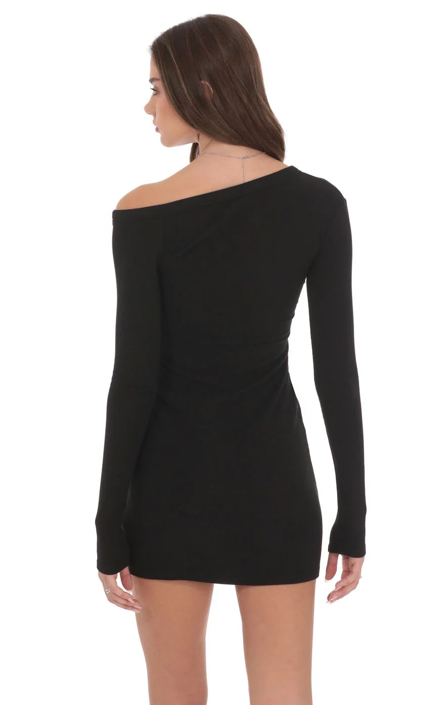 Off Shoulder Henley Dress in Black