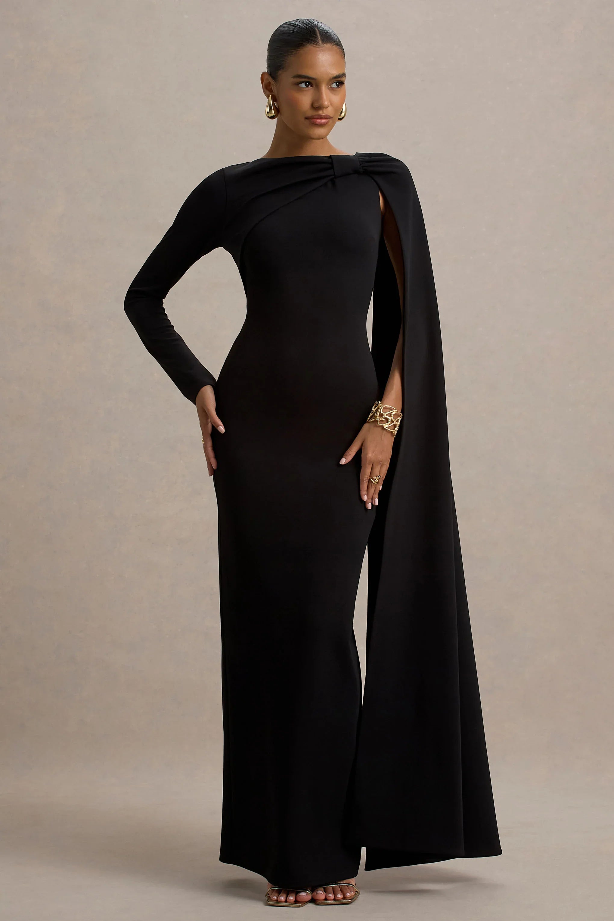 Frances Black High Neck Maxi Dress With Cape Detail