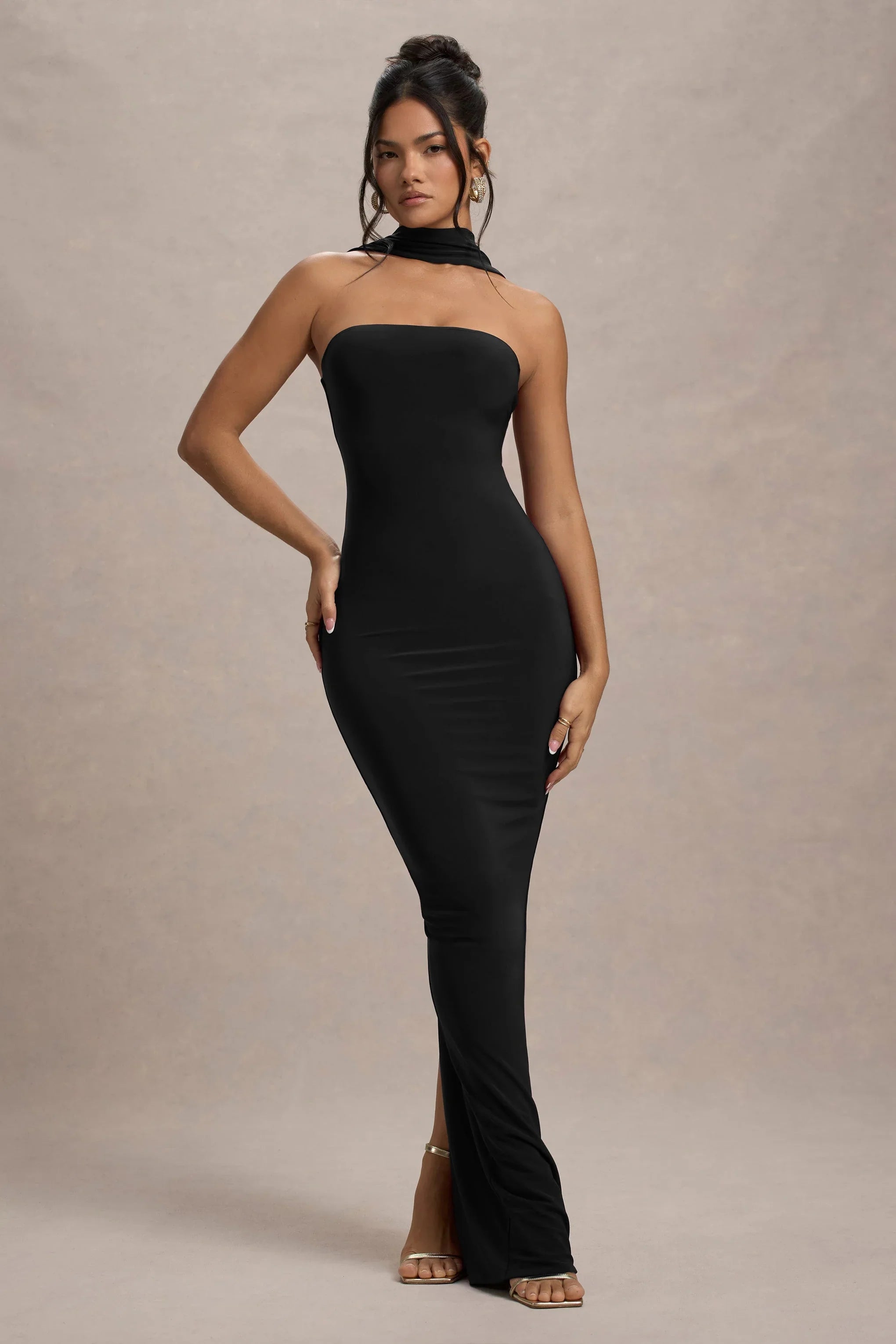 Nobu Black Bandeau Maxi Dress With Halter Collar