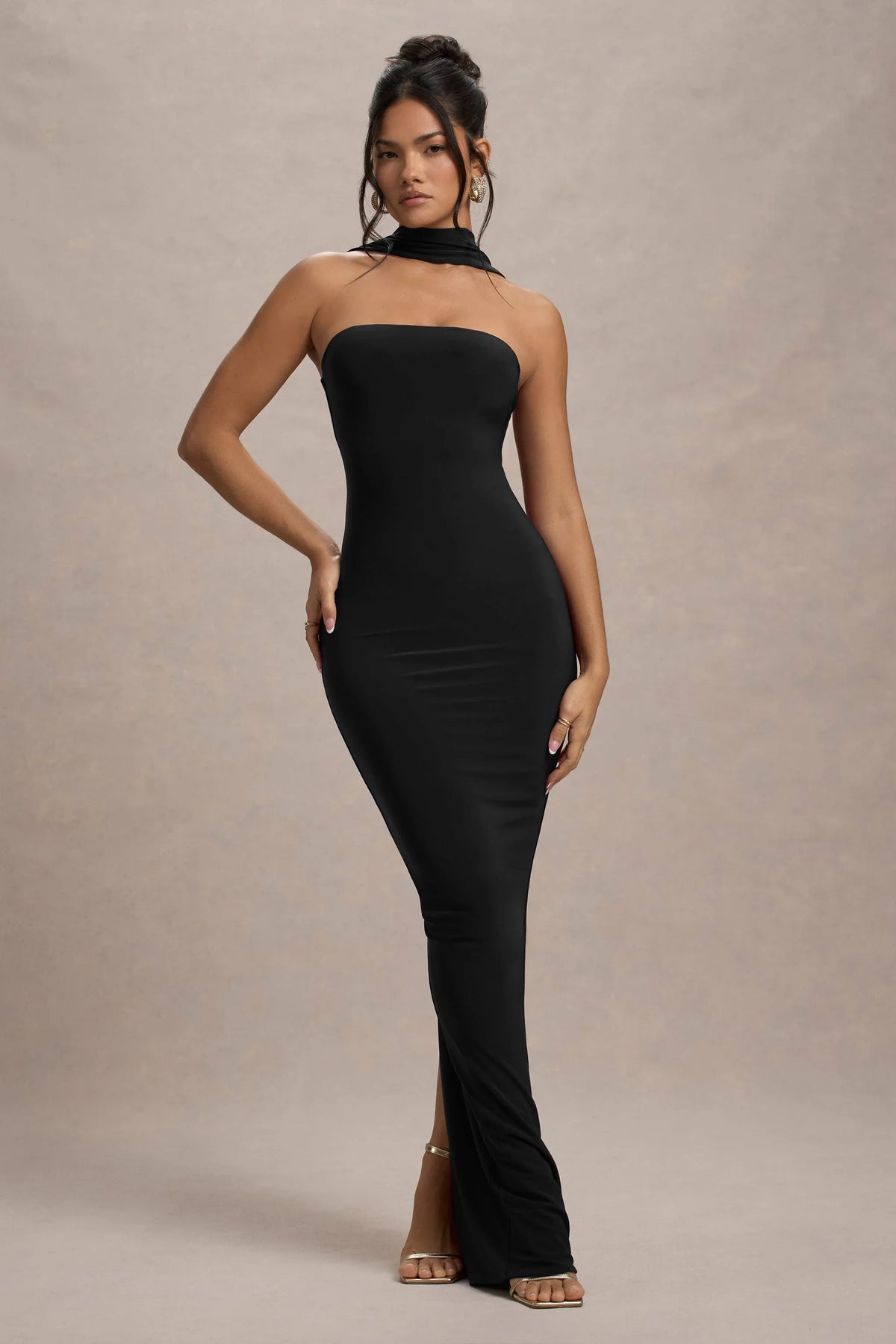 Nobu Black Bandeau Maxi Dress With Halter Collar