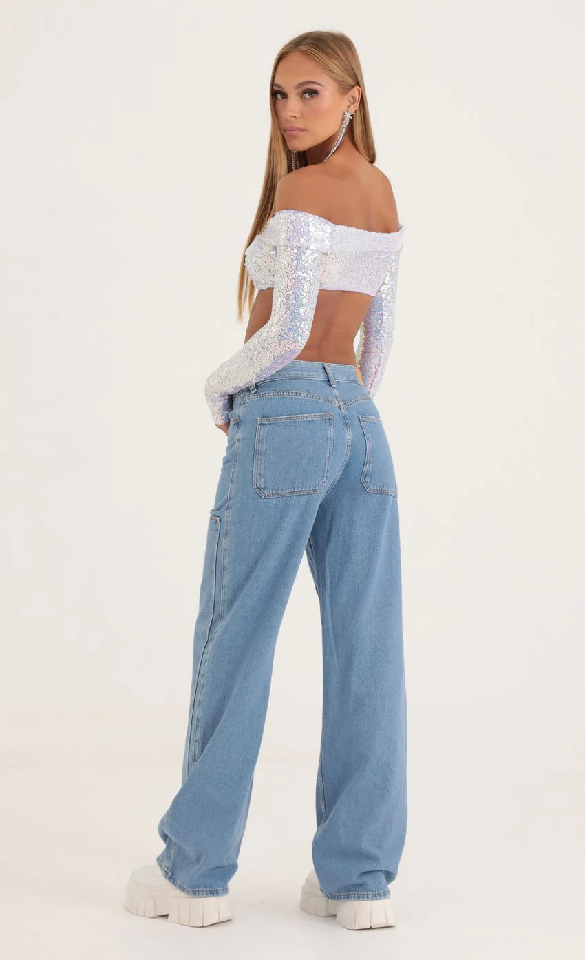 Iridescent Sequin Off The Shoulder Top in Purple