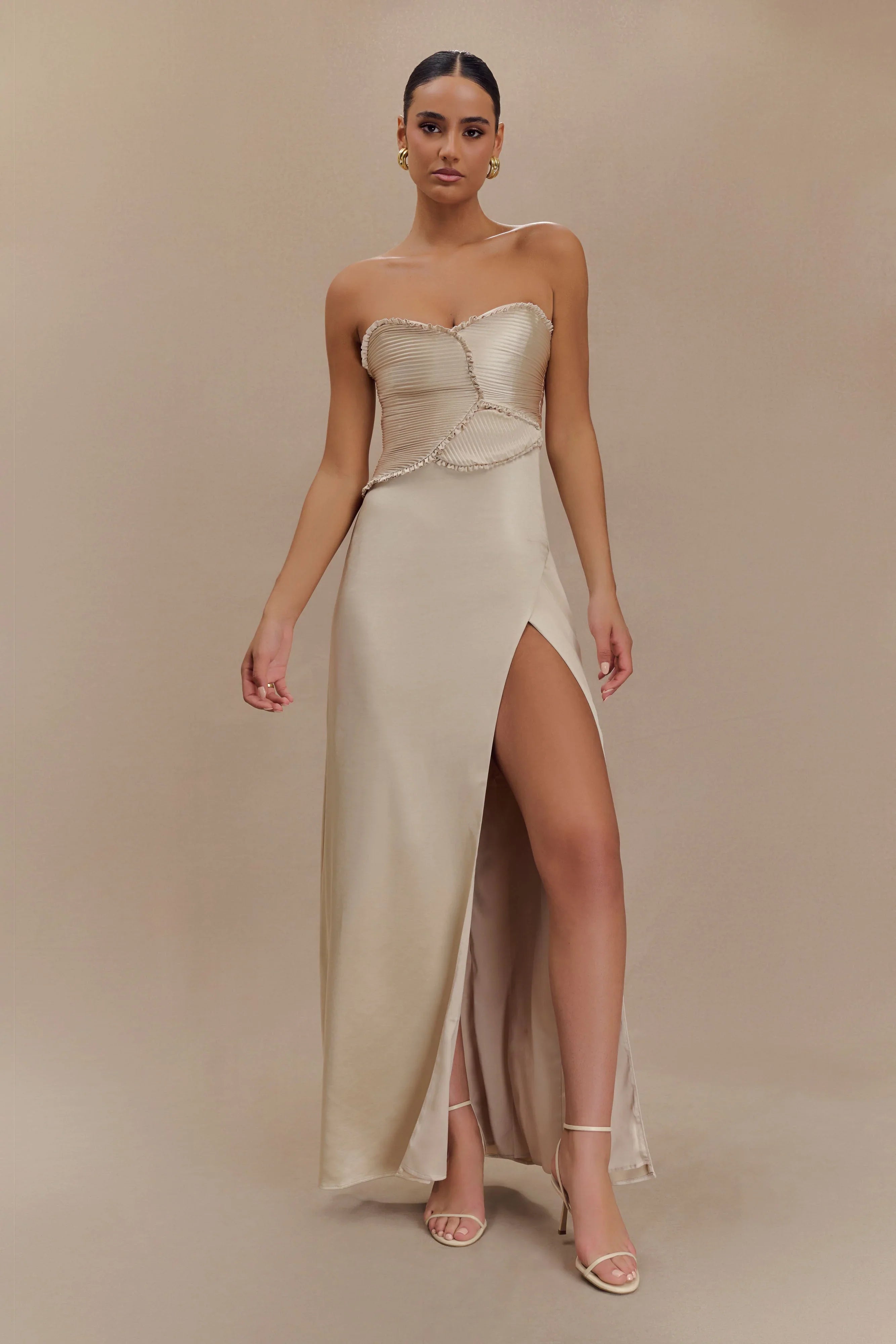 Larissa Satin Maxi Dress With Ruched Petals Blush Gold