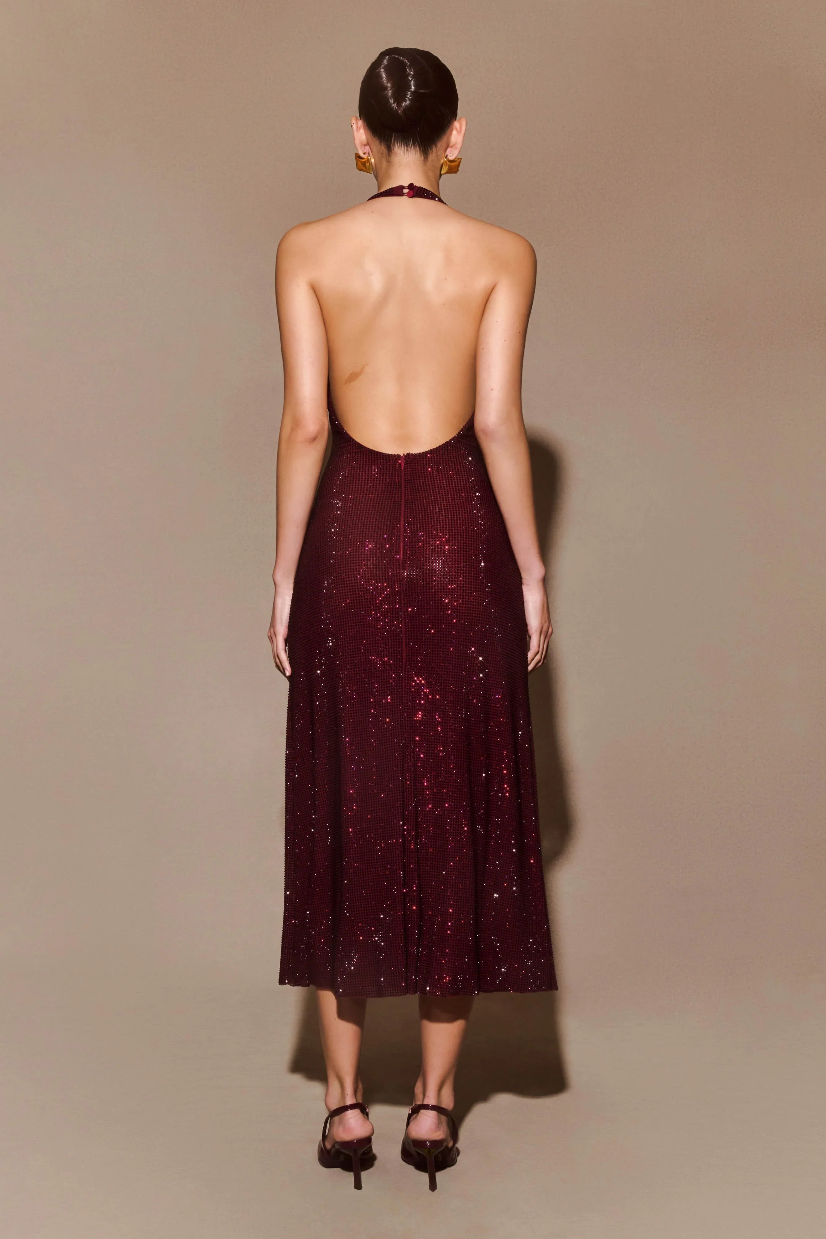 Genie Diamante Halter Midi Dress Mahogany