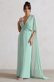 Fairytale Sage Plunge Neck Chiffon Maxi Dress With Cape Sleeve