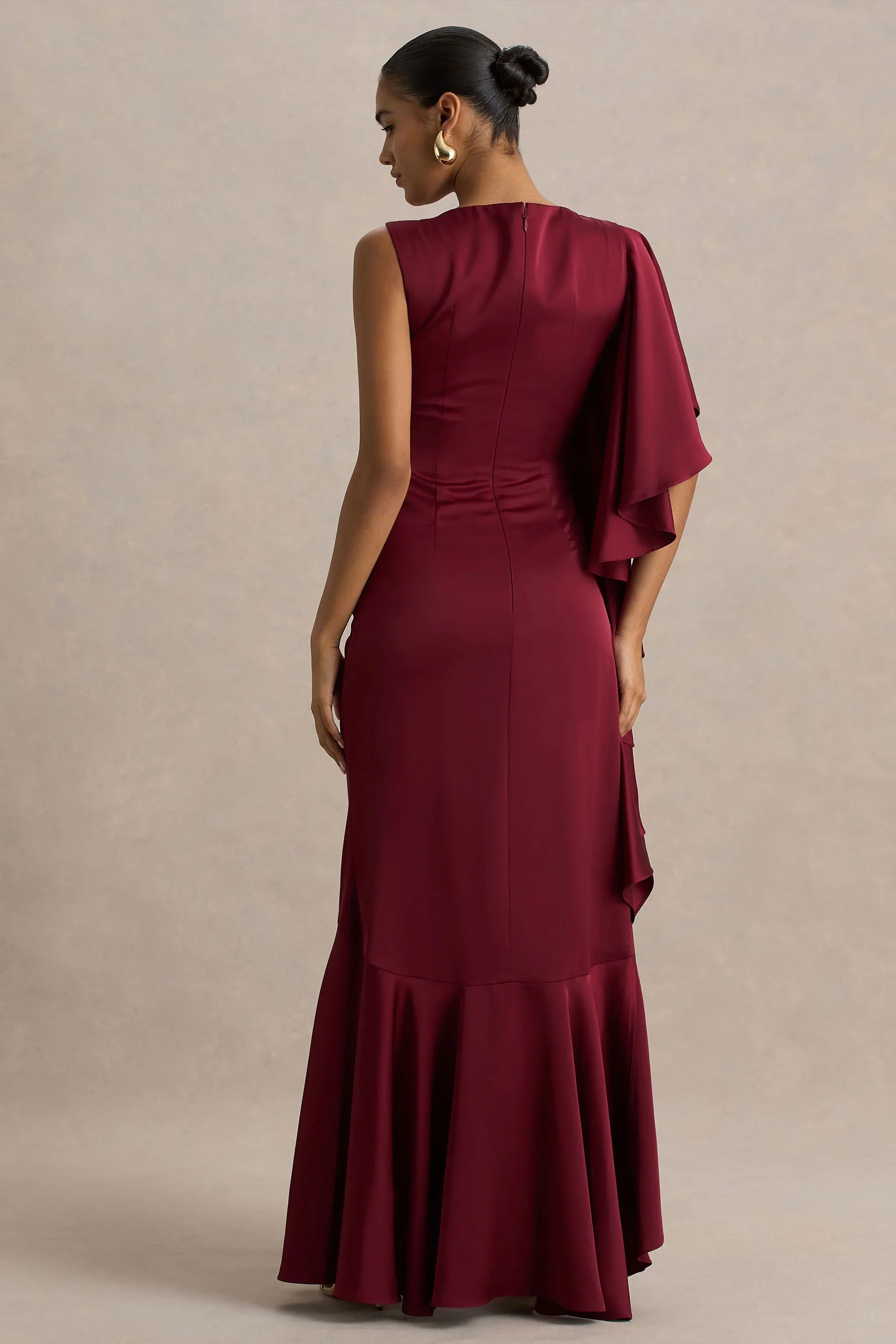 Rosy Burgundy Satin Boat Neck Maxi Dress With Front Split And Ruffled Detailing