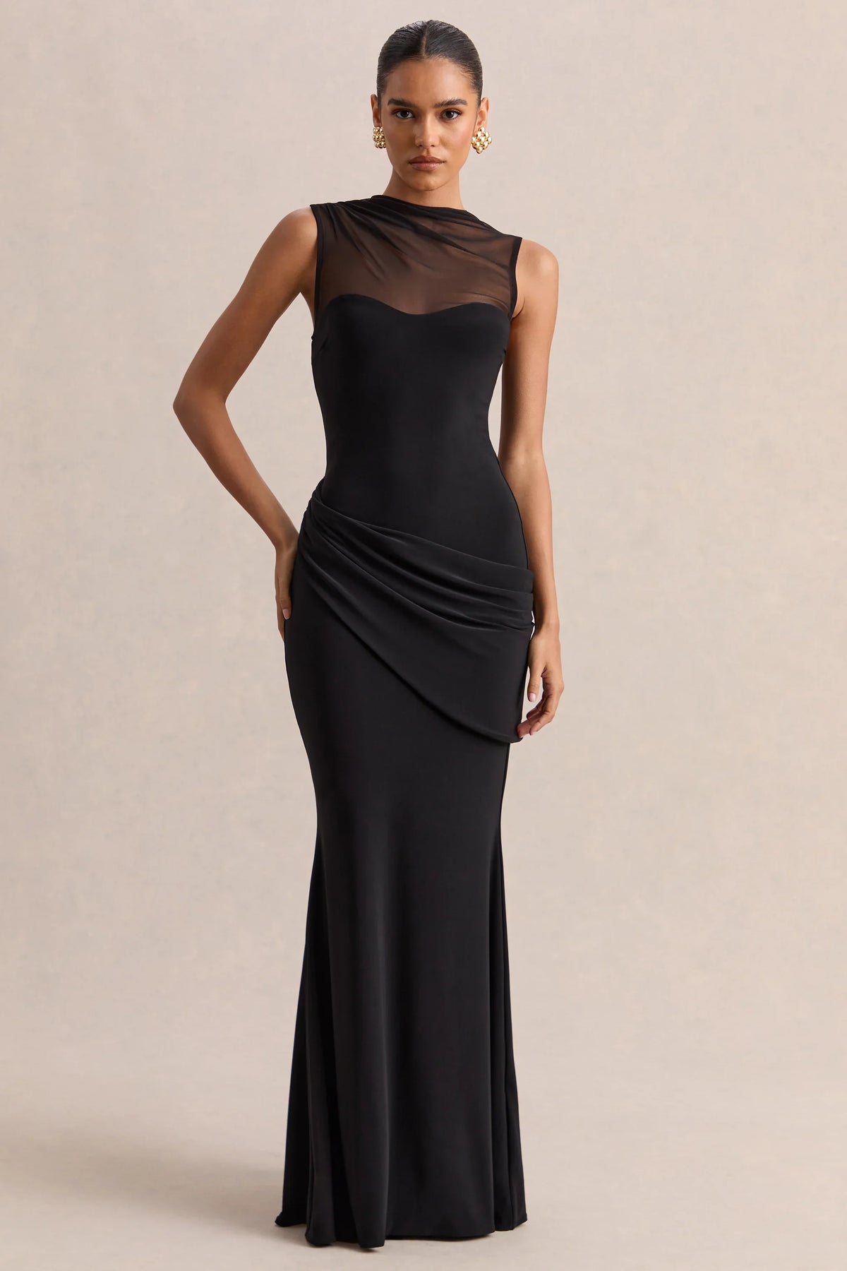 Lyssy Black High Neck Maxi Dress With Mesh Detail