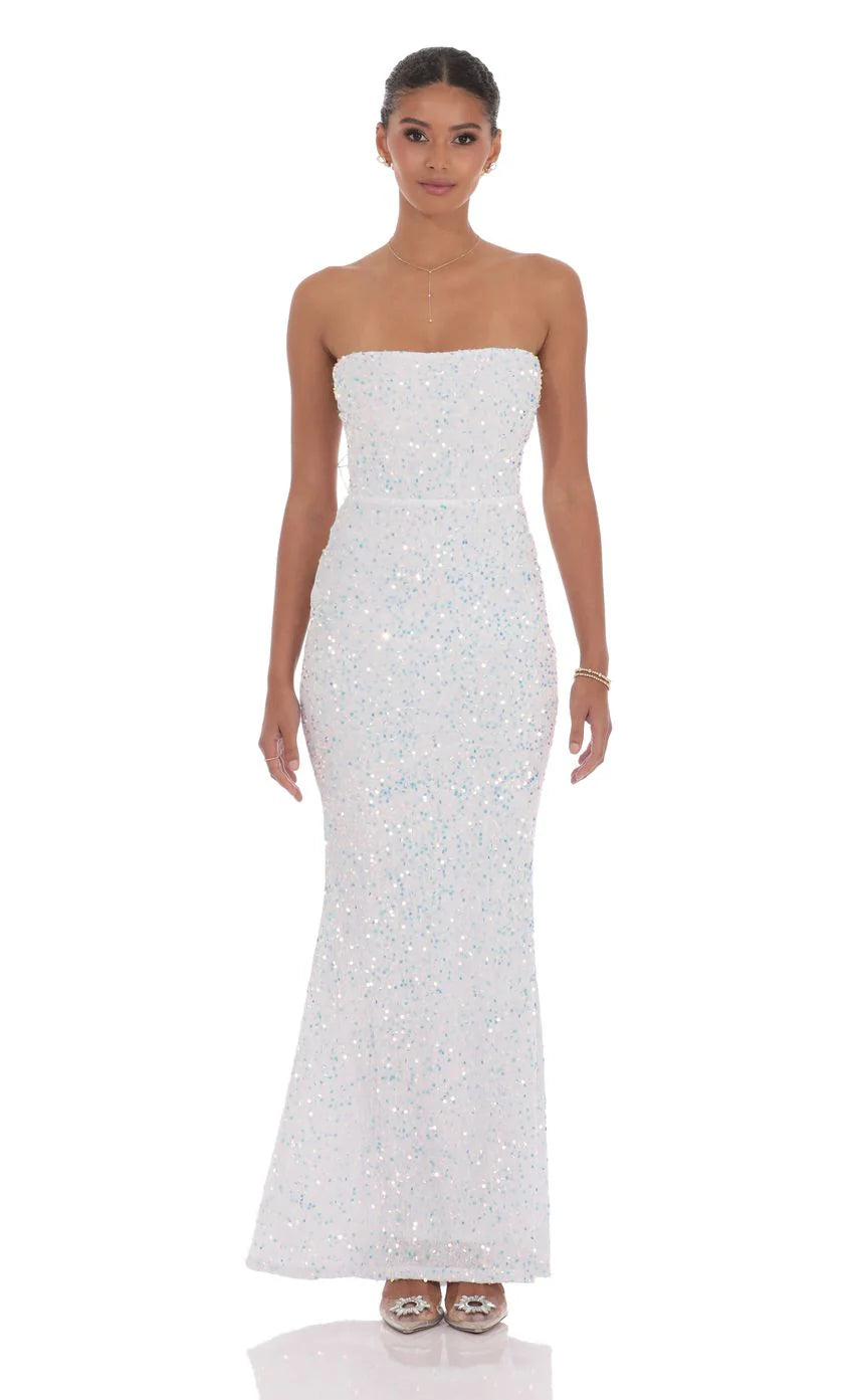 Velvet Sequin Strapless Maxi Dress in White