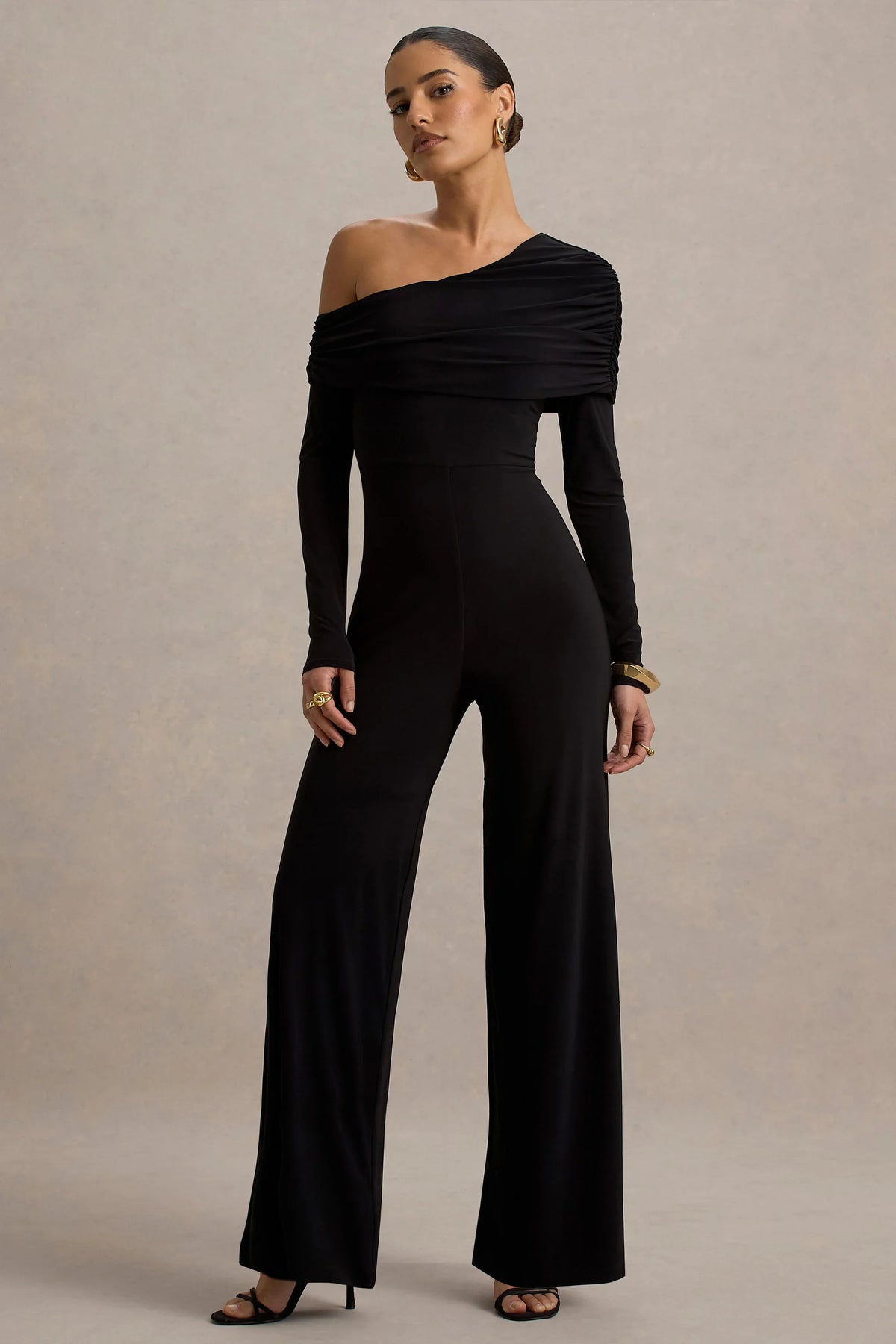 Gracious Black Jumpsuit With Asymmetric Neckline