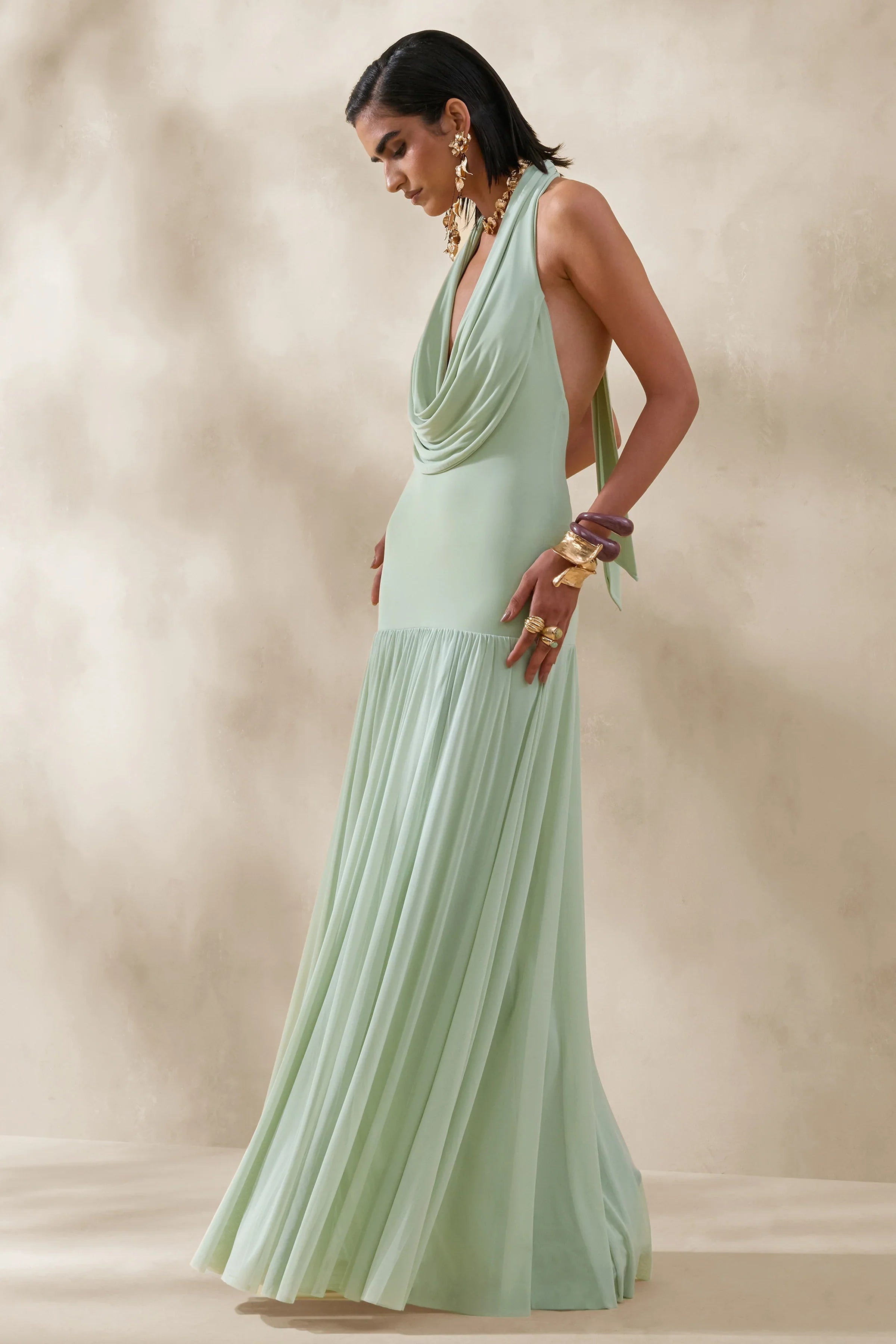 Verity Green Cowl Neck Maxi Dress With Sheer Skirt