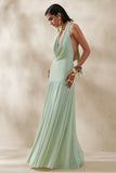 Verity Green Cowl Neck Maxi Dress With Sheer Skirt