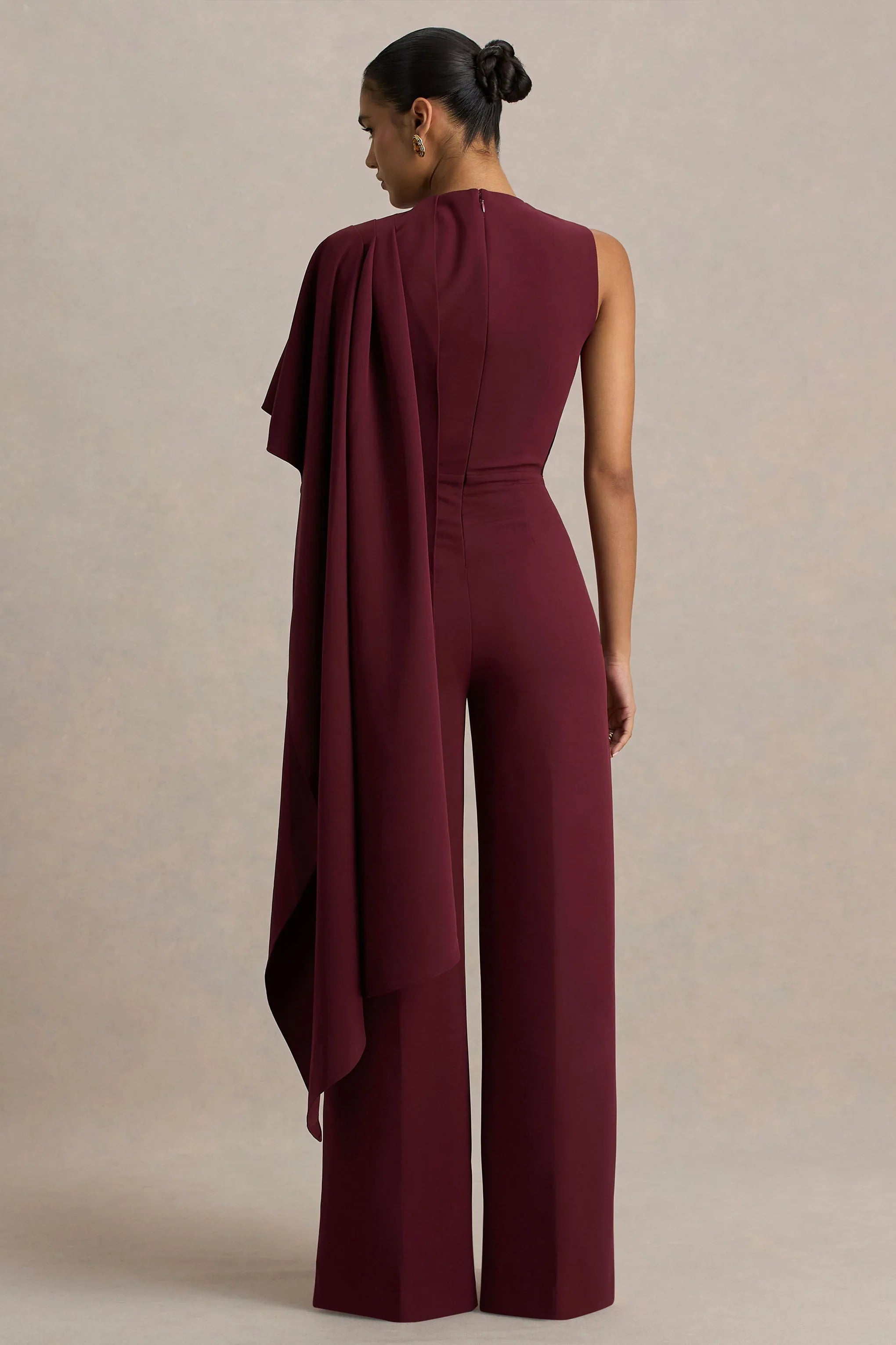 Sorenia Burgundy High Neck Jumpsuit With One Cape Sleeve