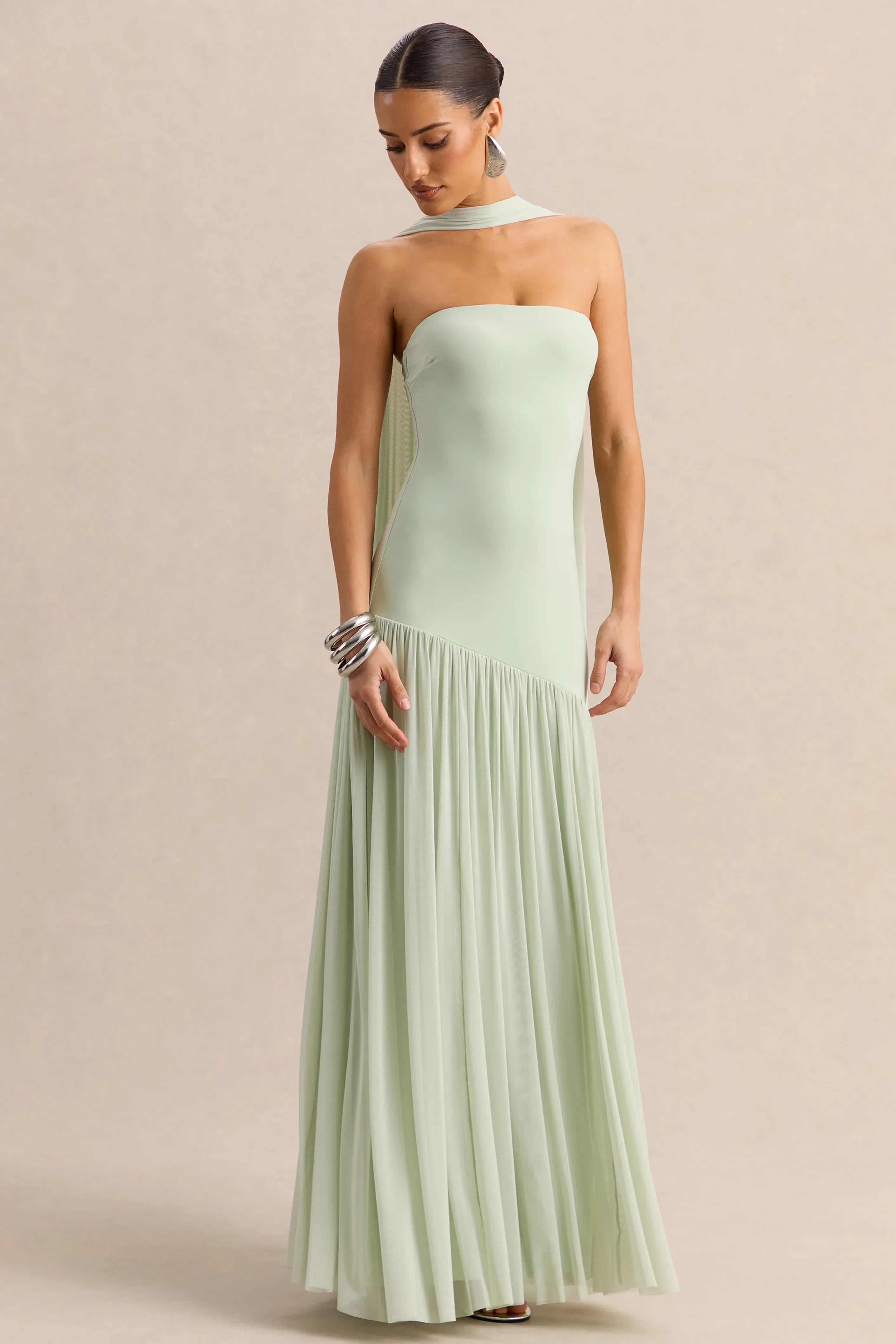 Bambi Mint Bandeau Maxi Dress With Scarf Detail