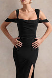 Amoura Black Square Neck Draped Wrap Maxi Dress