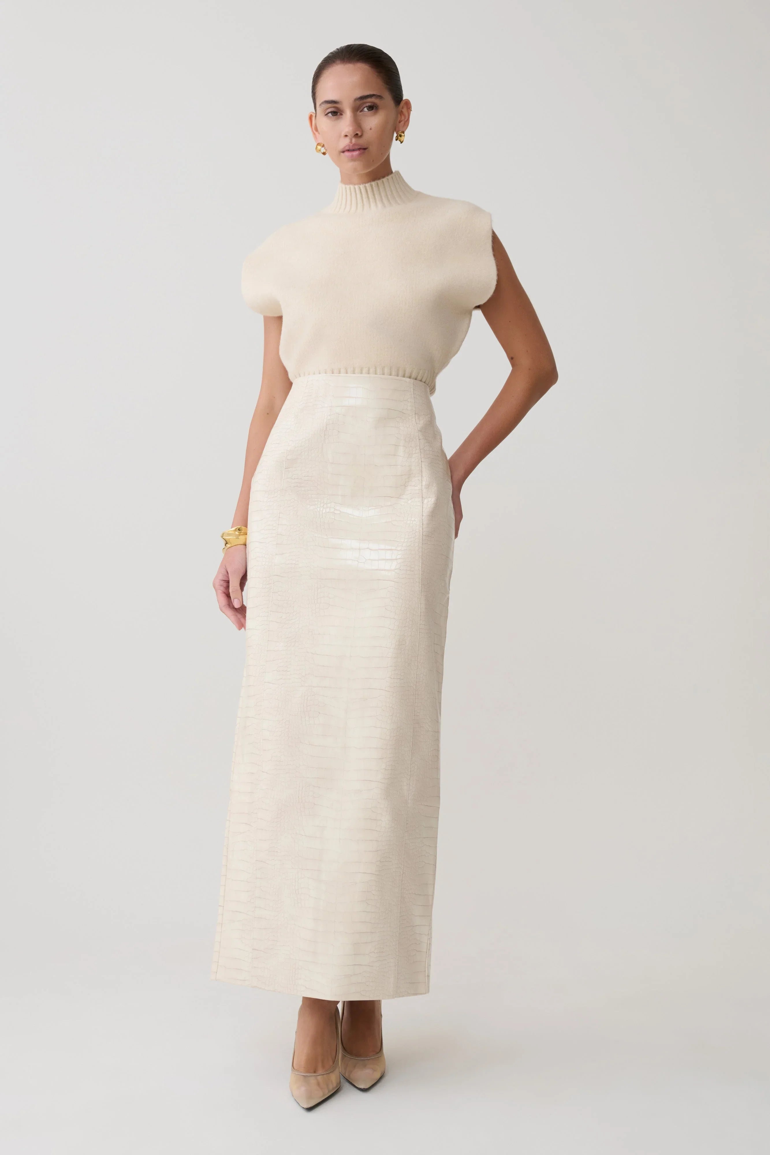 Thalia Croc Faux Leather Midi Skirt Ivory