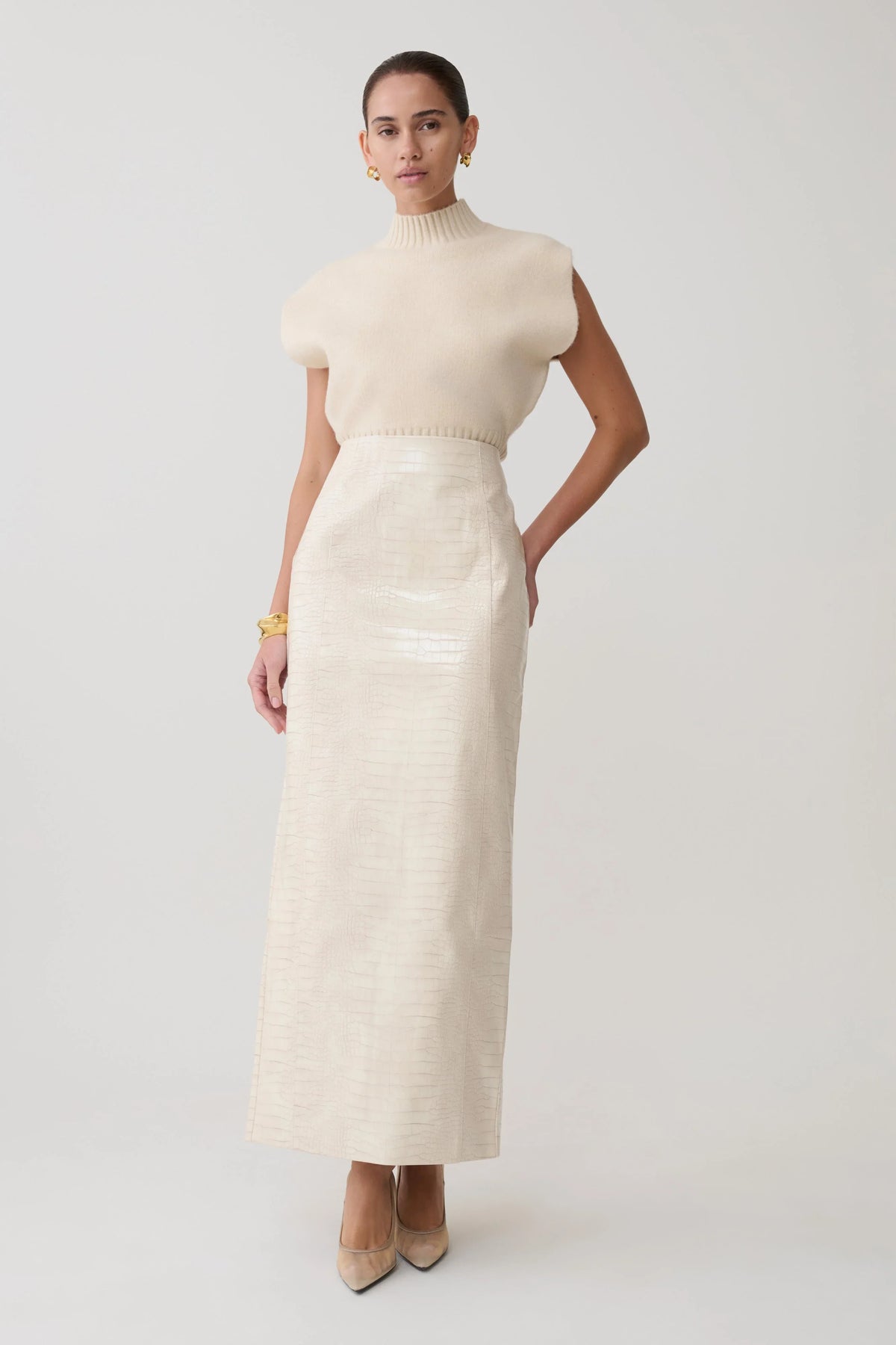 Thalia Croc Faux Leather Midi Skirt Ivory