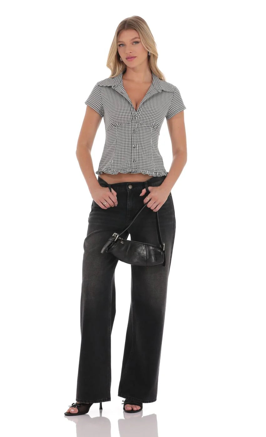 Button Up Ruffle Top in Black Gingham