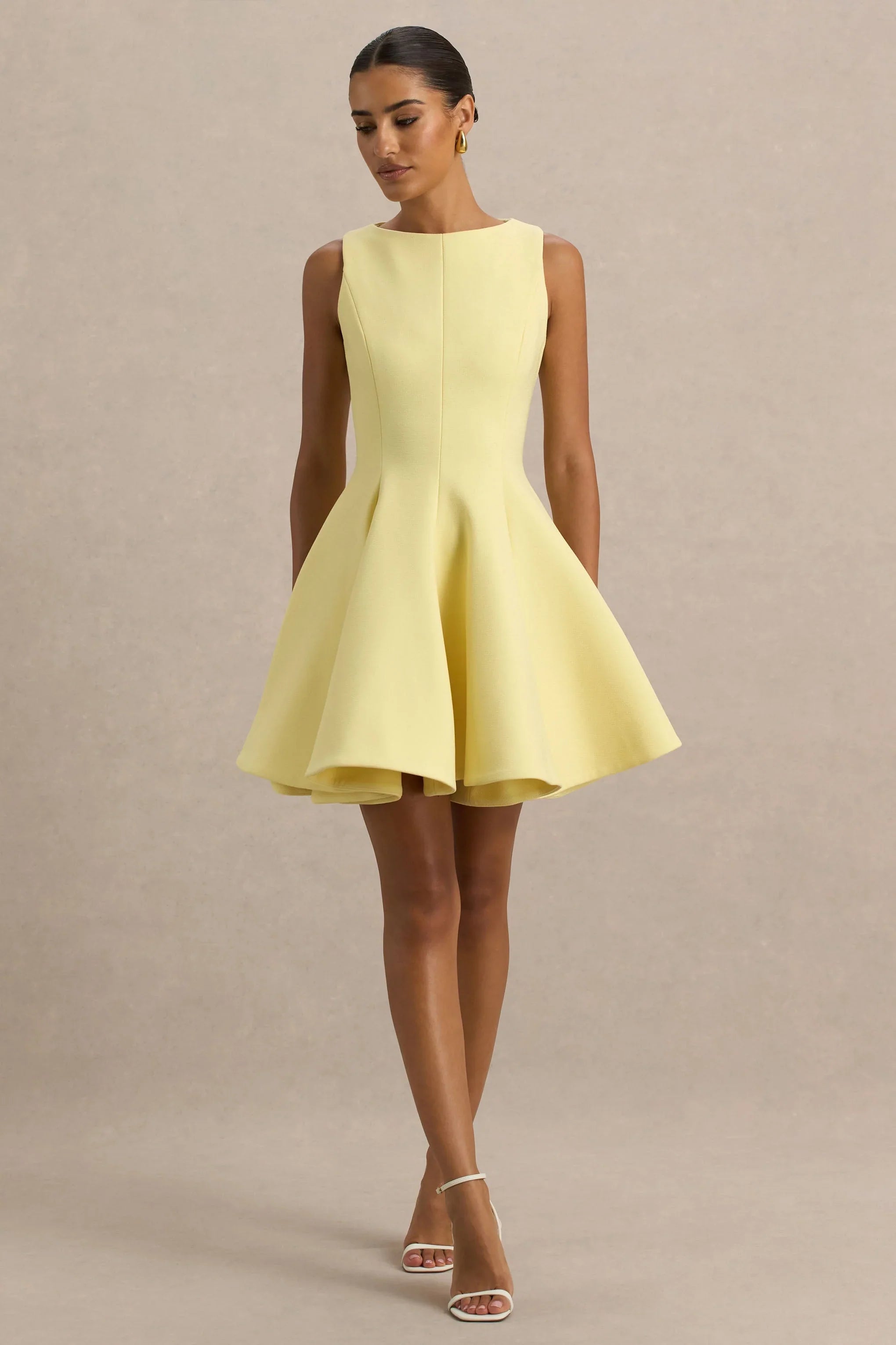 Gabrielle Lemon Boat Neck Skater Mini Dress