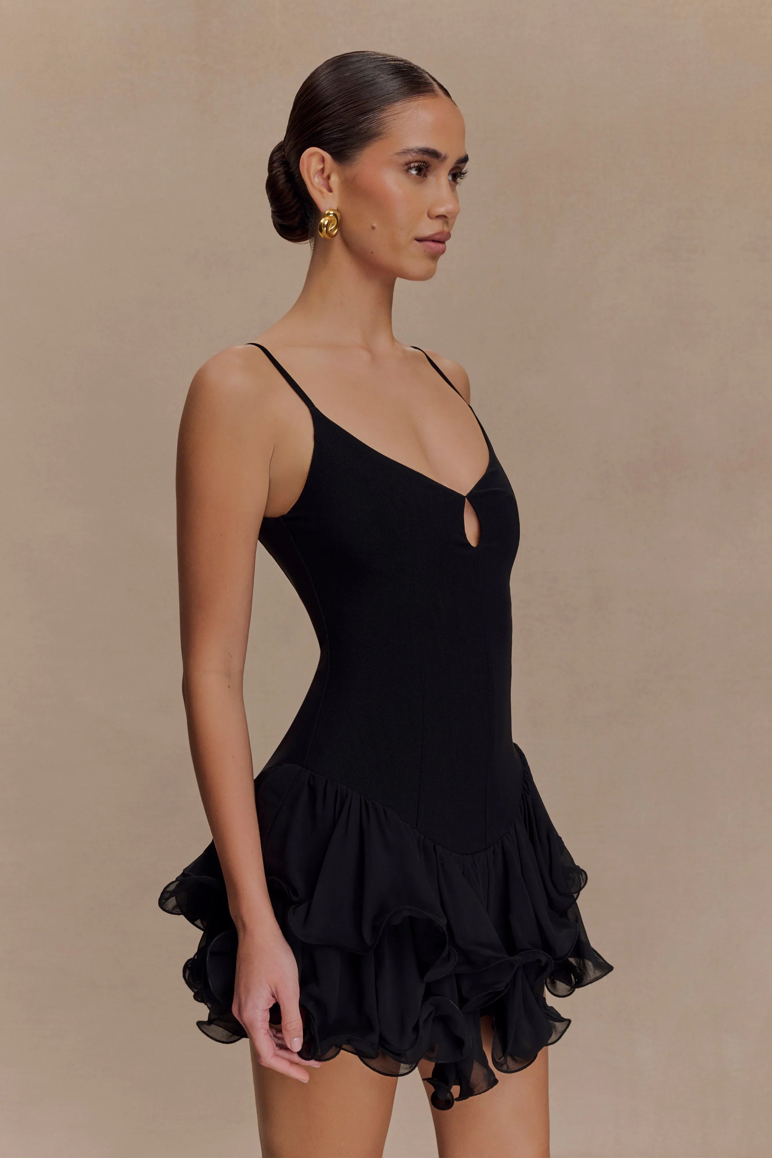 Calantha Ruffle Mesh Mini Dress Black