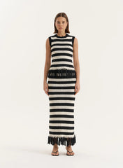 Striped Knitted Tassel Trim Maxi Skirt