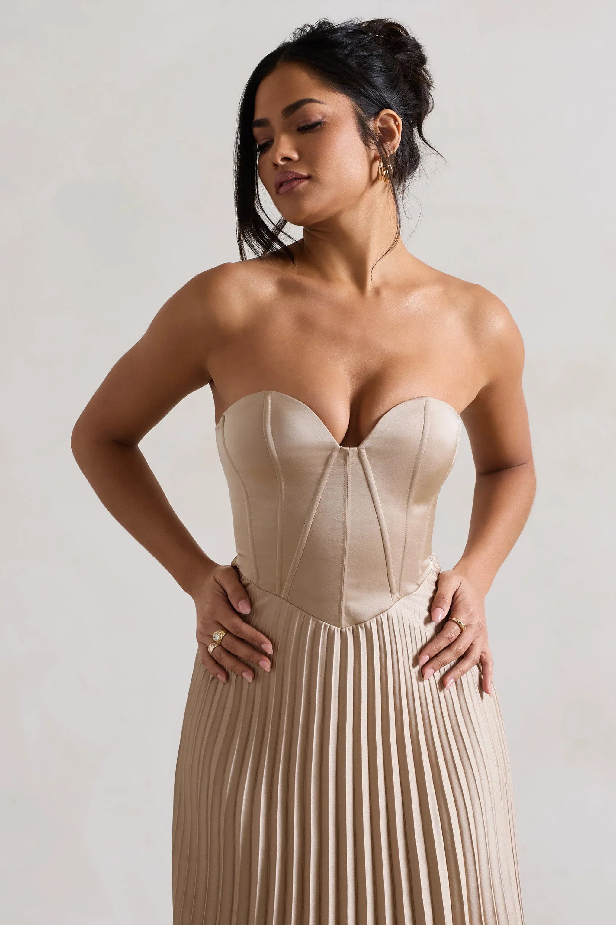 Bordeaux Champagne Satin Corset Style Midi Dress