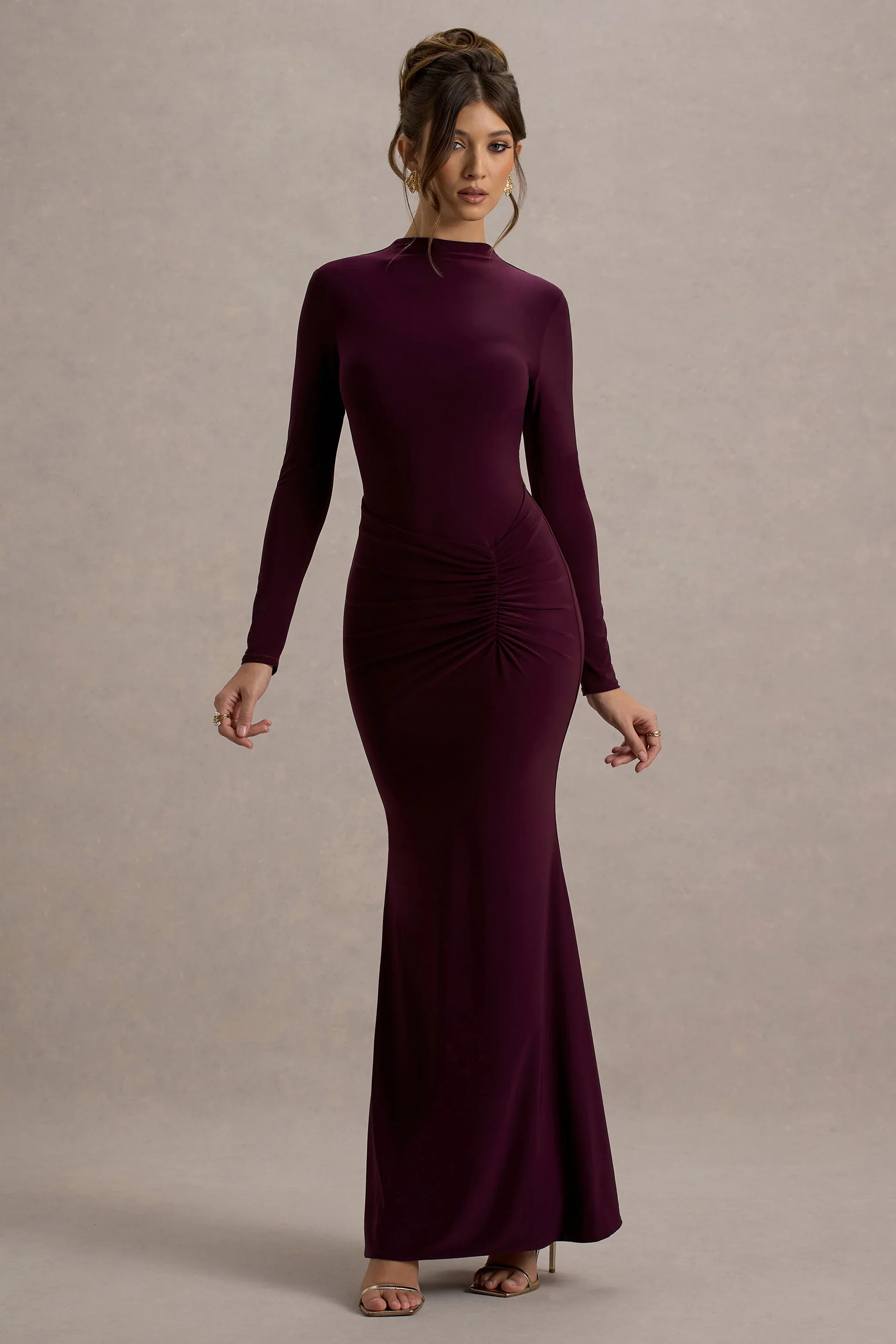 Reid Plum Long Sleeve Gathered Maxi Dress