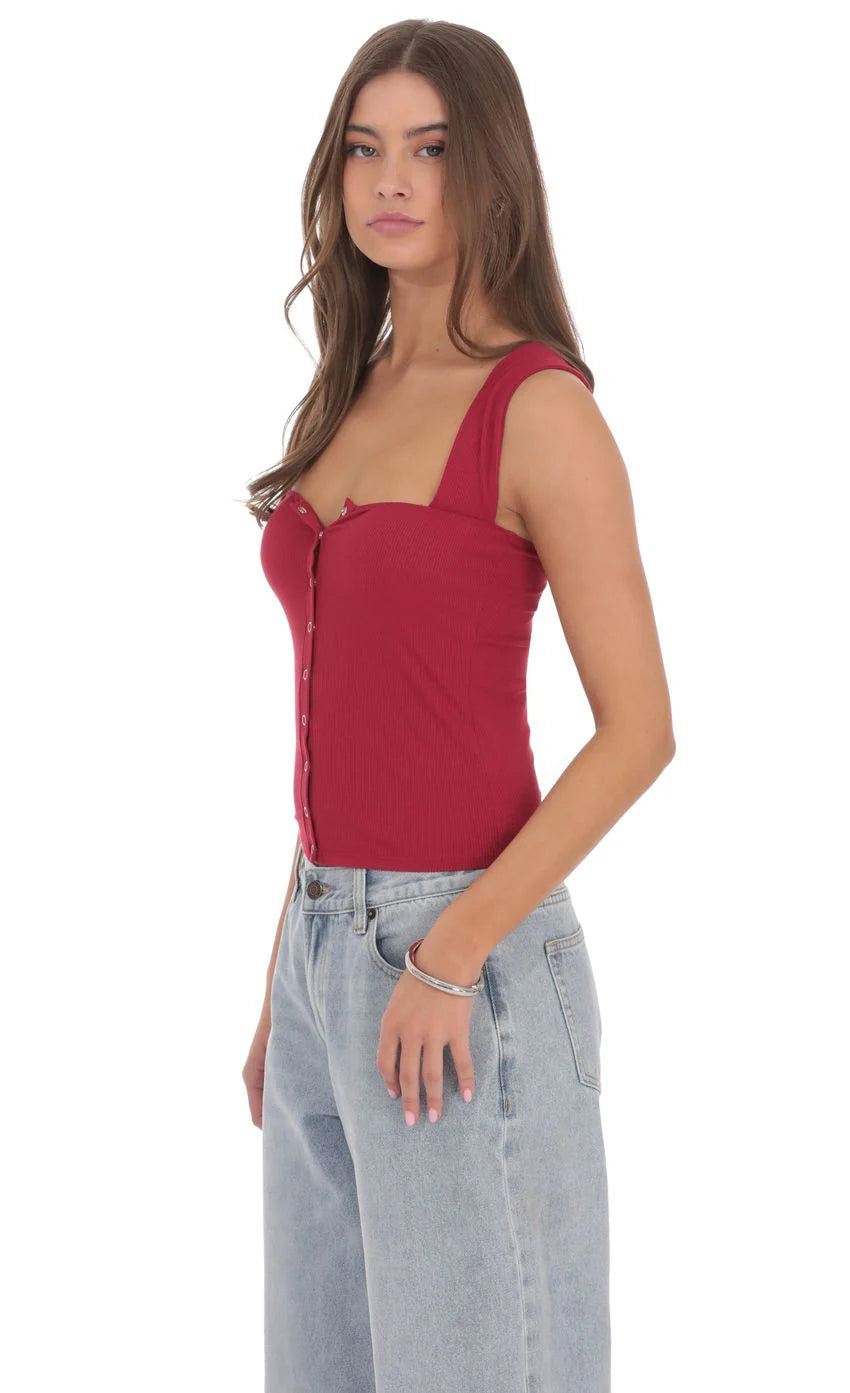 Ribbed Square Neck Top in Red
