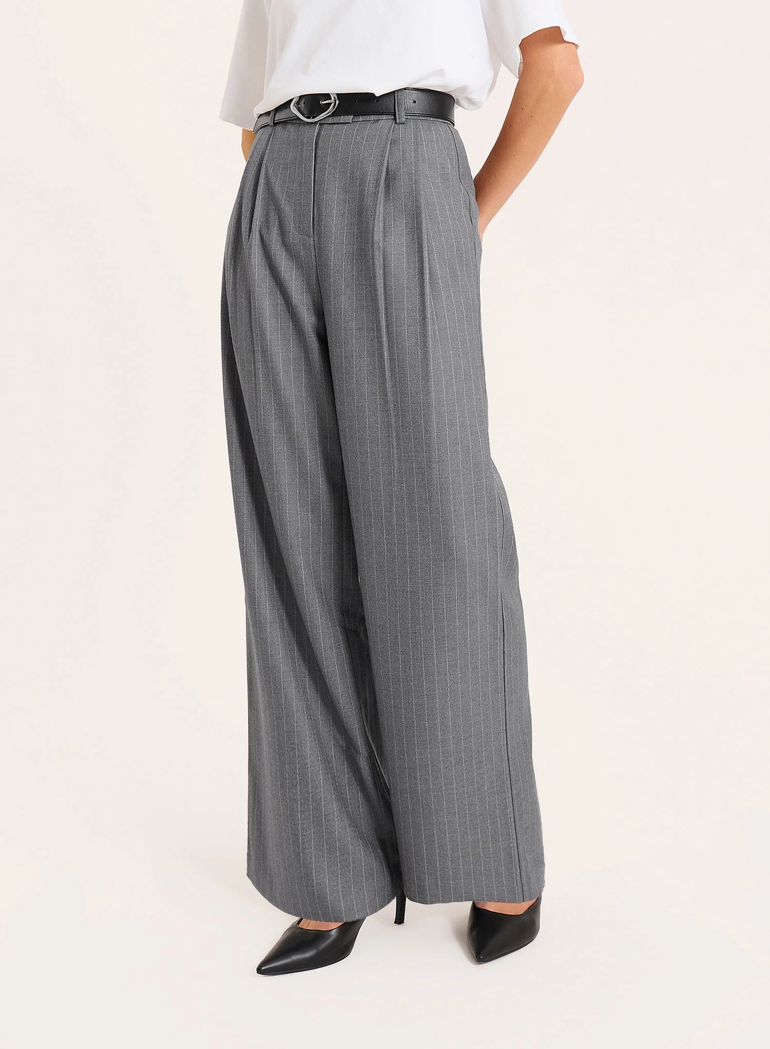 Grey Pinstripe Tailored Wide Leg Trousers