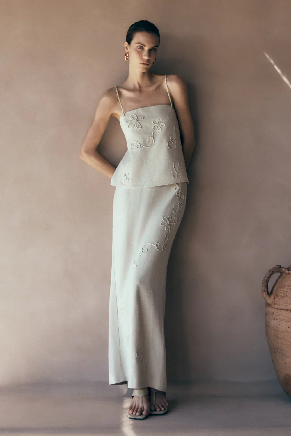 Casey Linen Embroidered Maxi Skirt Natural